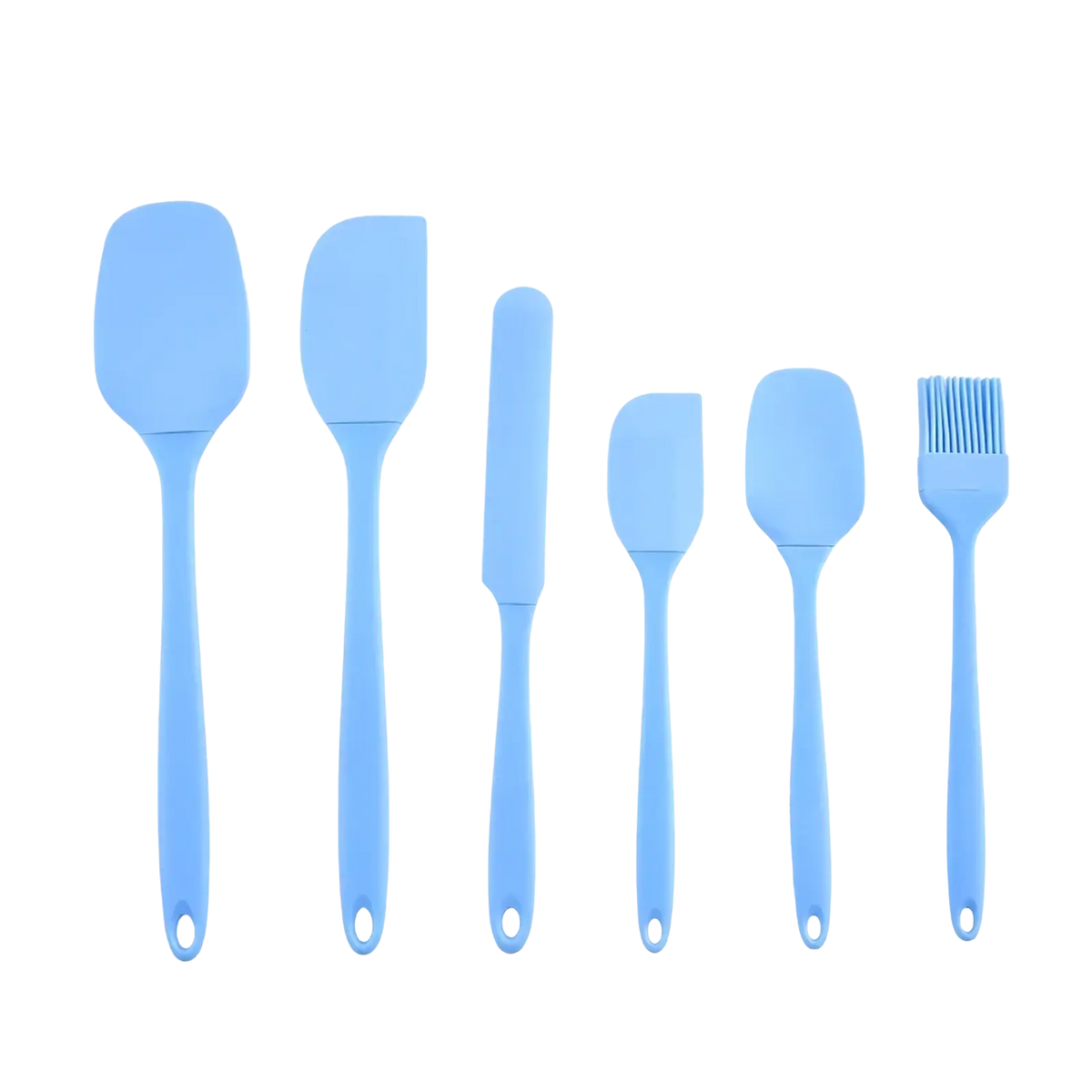 Set of six light blue silicone kitchen utensils including spatulas knife and brush from black silicone kitchenware set