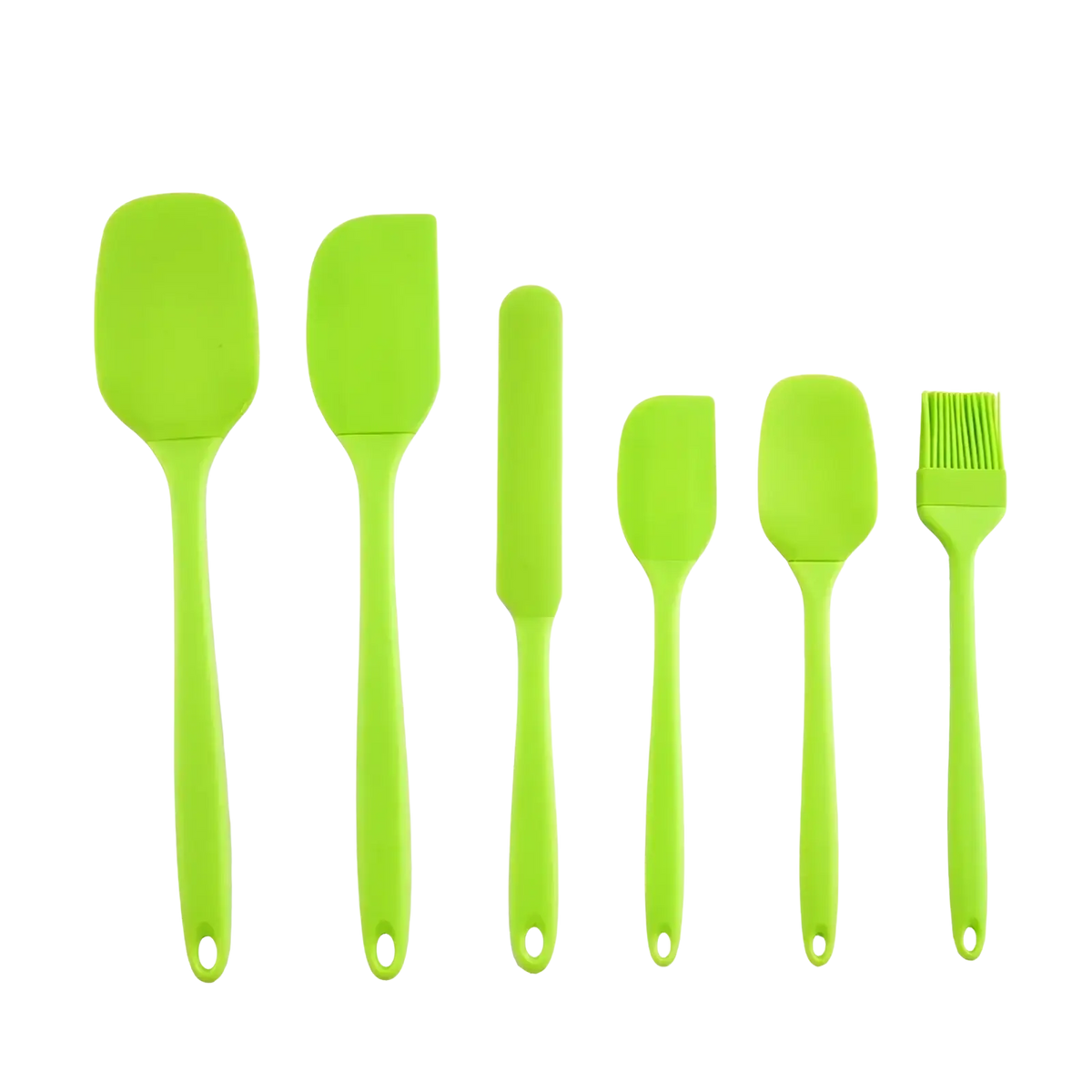 Set of six lime green silicone kitchen utensils from black silicone kitchenware set for cooking and baking tasks