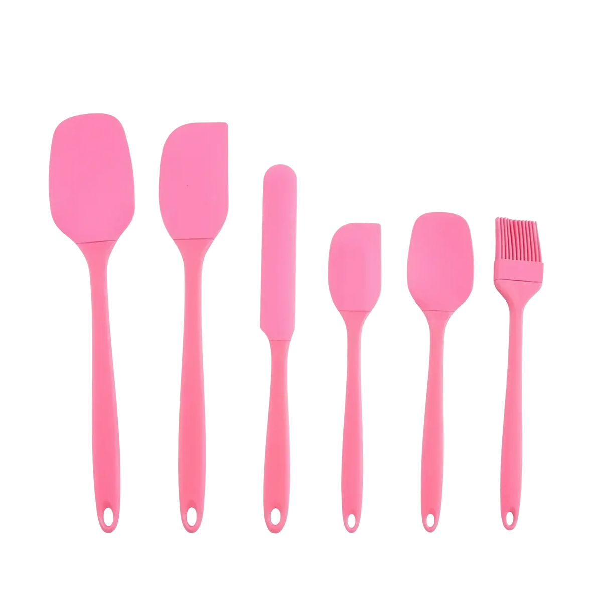 Set of six pink silicone kitchen utensils including spatulas knife and brush for baking and cooking tasks