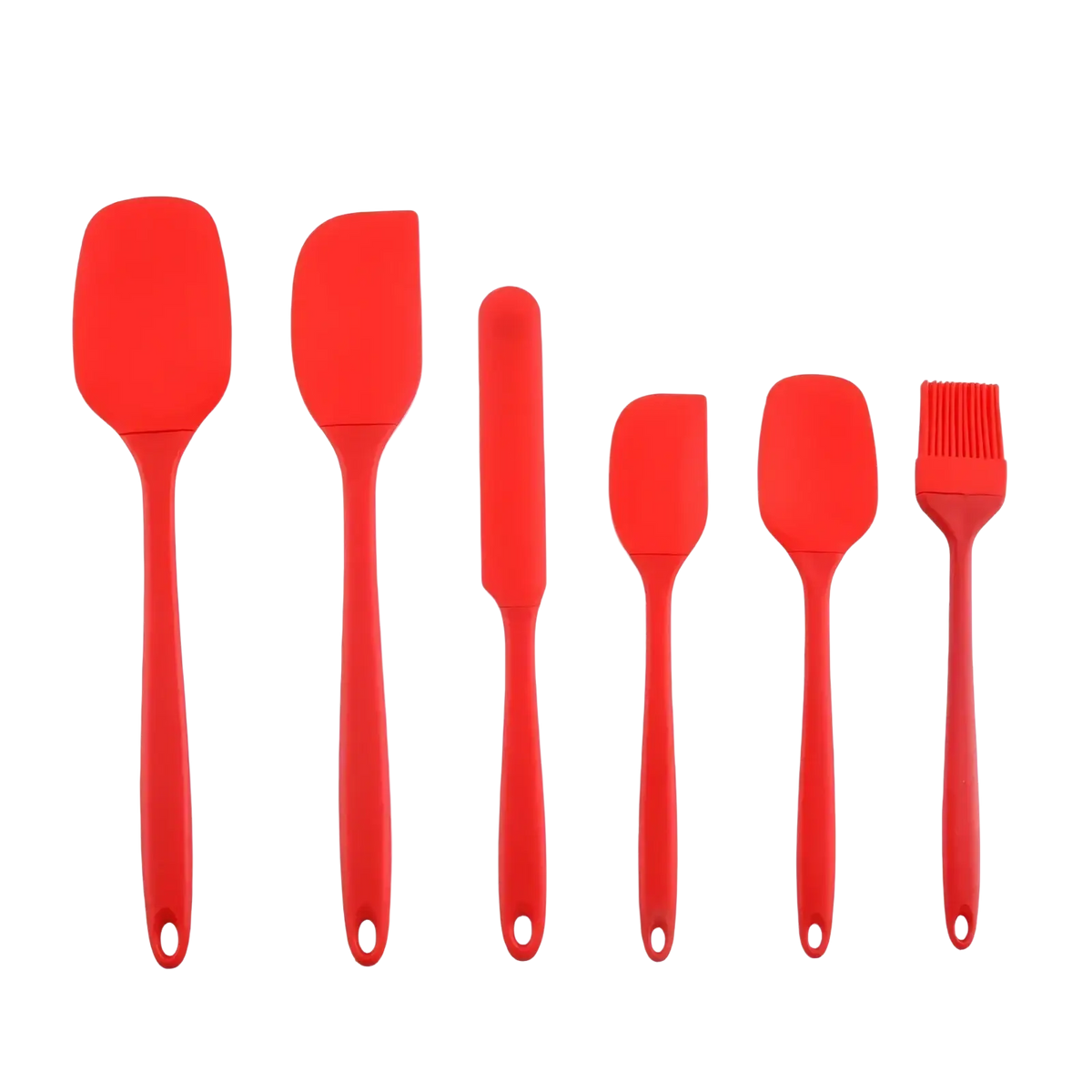 Set of six vibrant red silicone kitchen utensils including spatulas knife and basting brush for baking and cooking