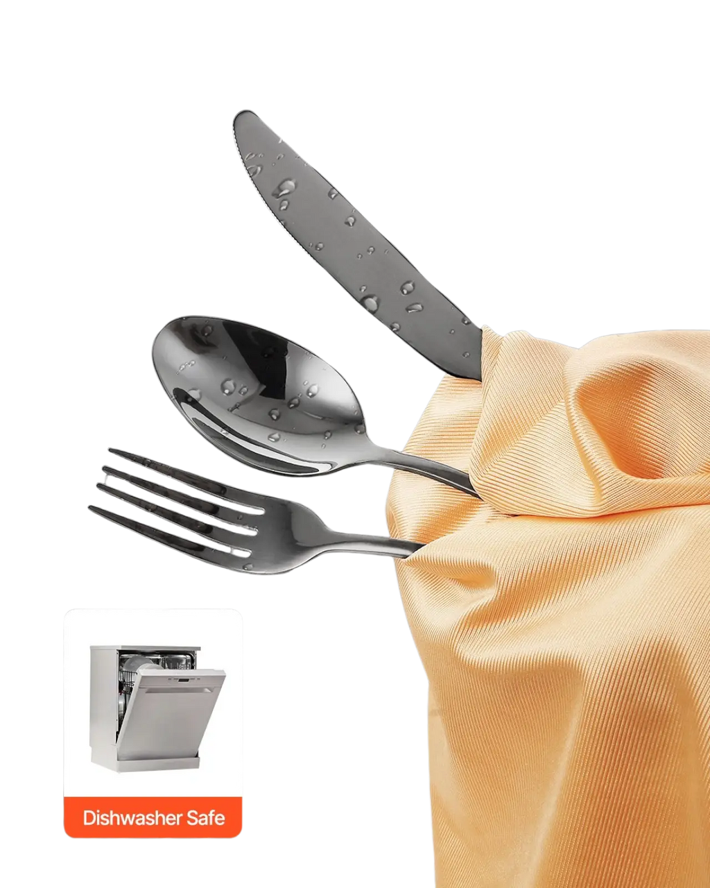 Black silverware set 30 piece stainless steel for 6 with shiny stainless steel knife spoon and fork wrapped in orange cloth