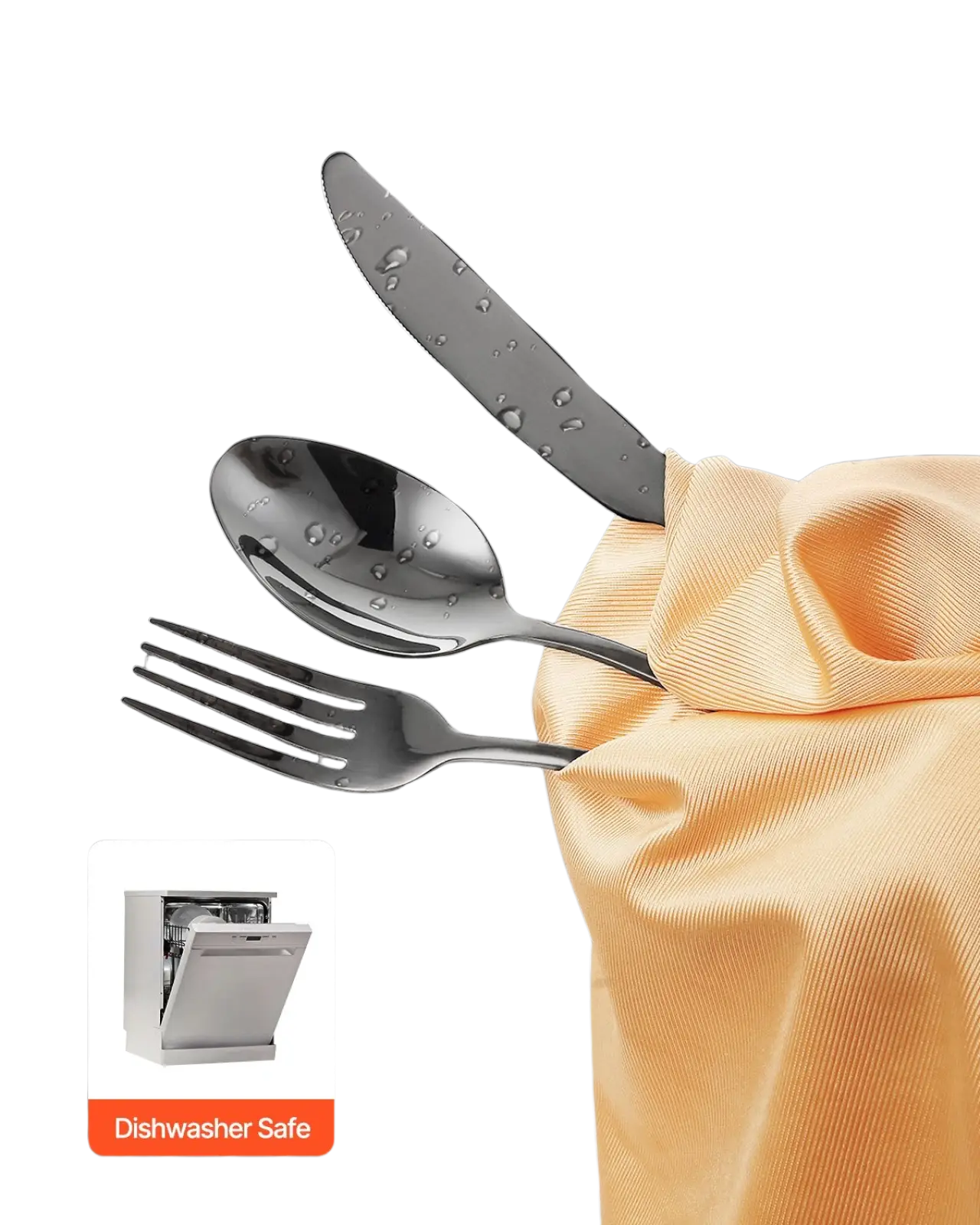 Black silverware set 30 piece stainless steel for 6 with shiny stainless steel knife spoon and fork wrapped in orange cloth