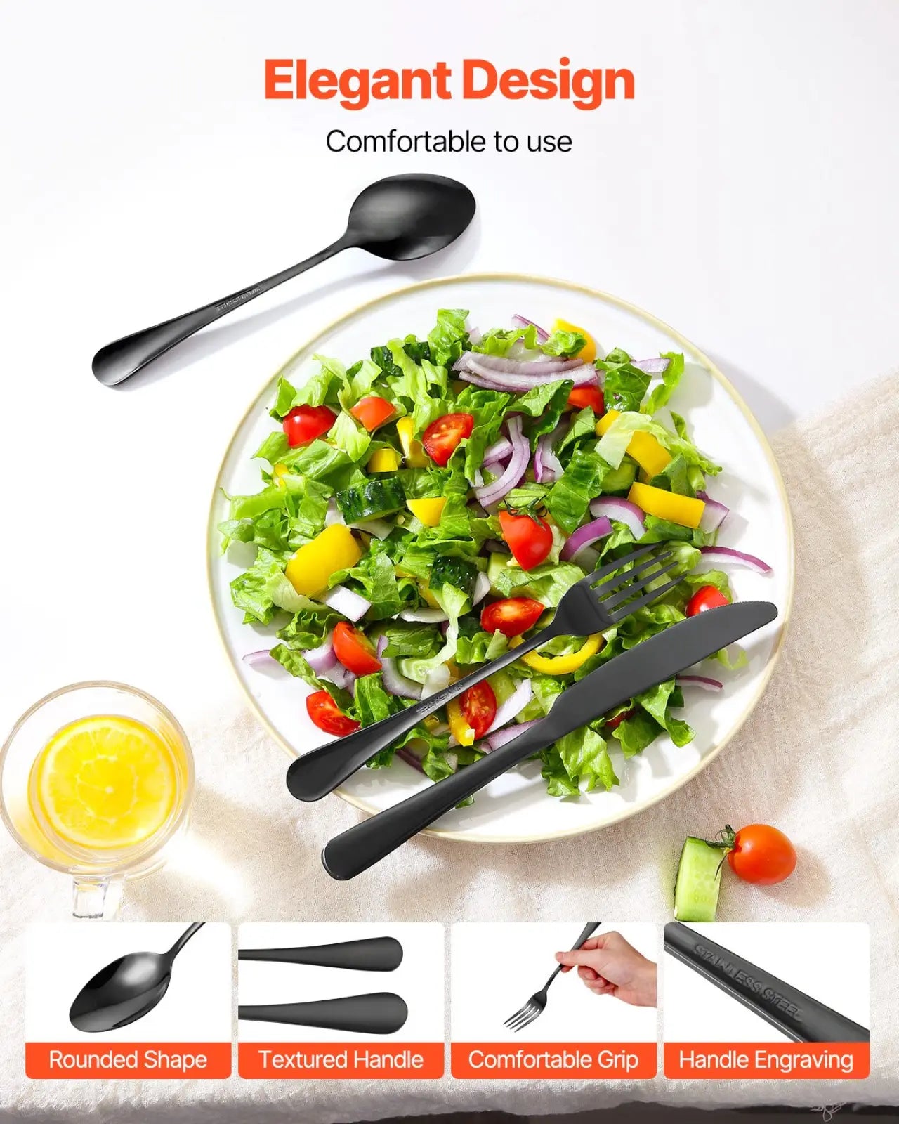 Black silverware set 30 piece stainless steel for 6 with sleek modern design and textured black stainless steel handles