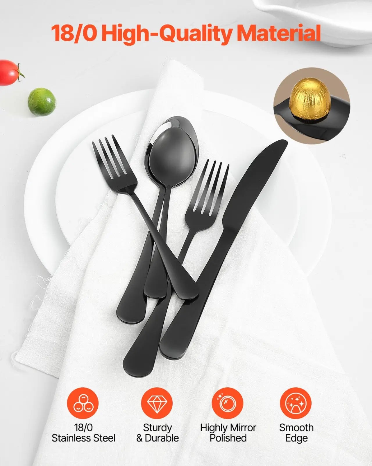 Black silverware set 30 piece stainless steel for 6 with mirror polished 18/0 stainless steel cutlery and smooth edges