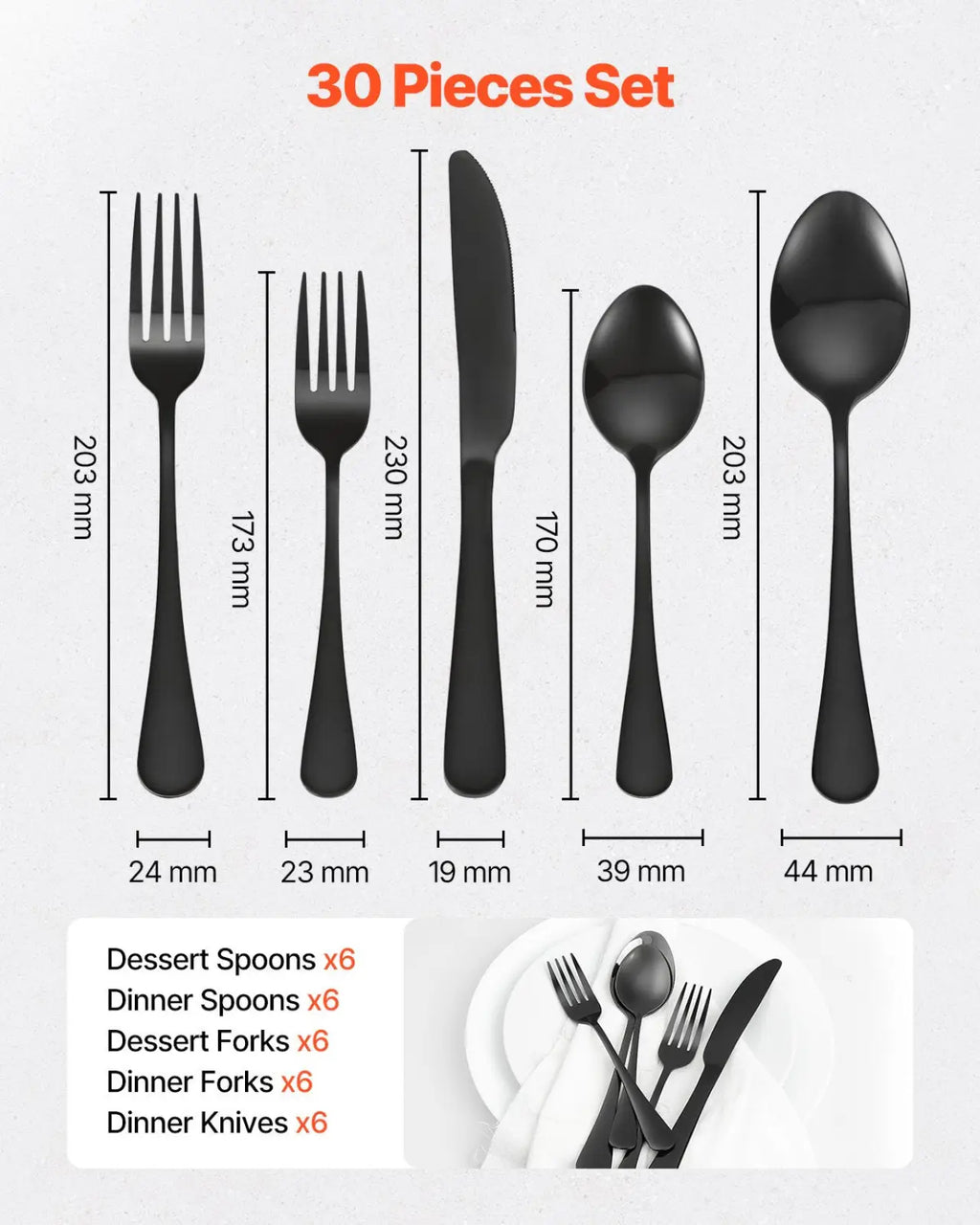 Black matte finished 30 piece stainless steel cutlery set with dinner forks dessert spoons and knives for six people