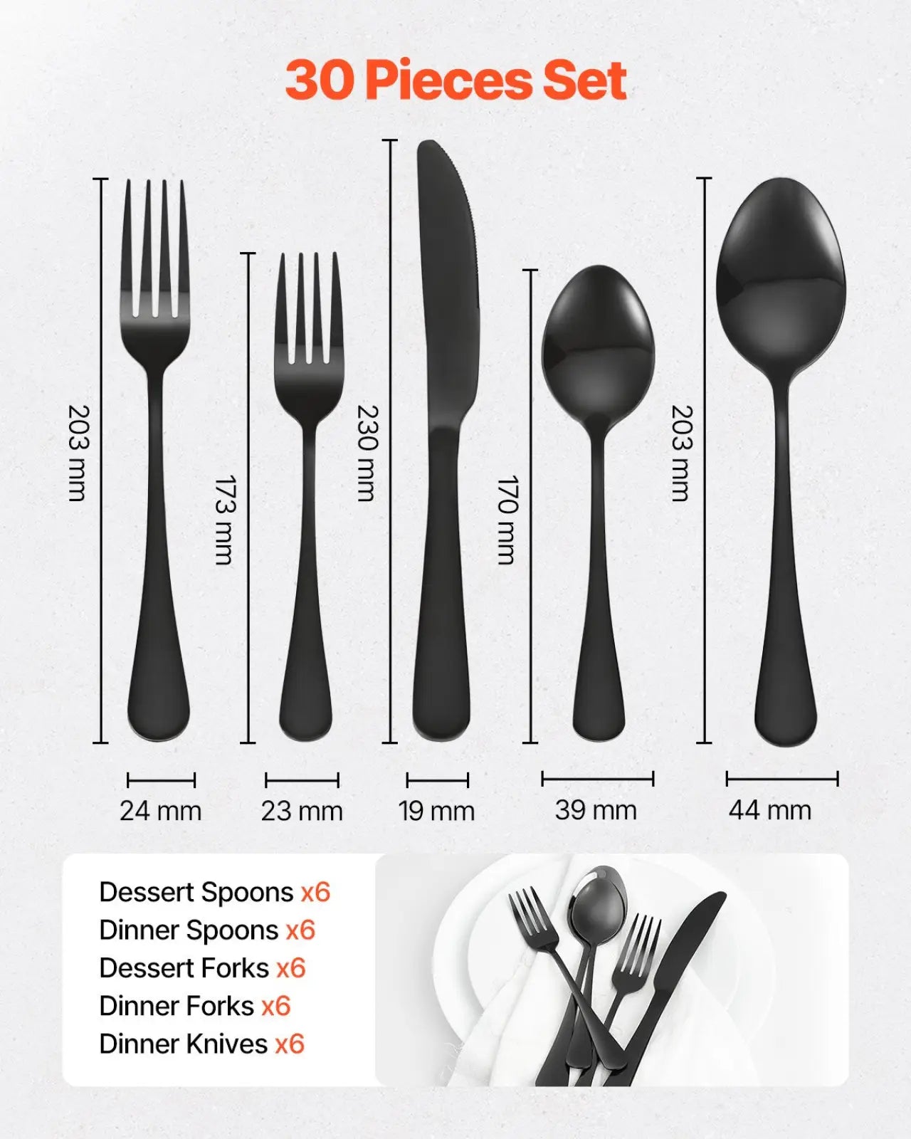 Black matte finished 30 piece stainless steel cutlery set with dinner forks dessert spoons and knives for six people