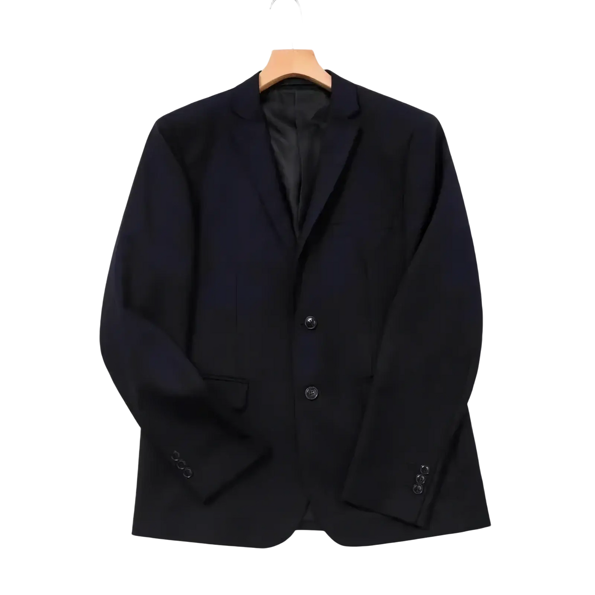 Black slim fit two piece formal suit blazer with sleek tailored fit and two front buttons