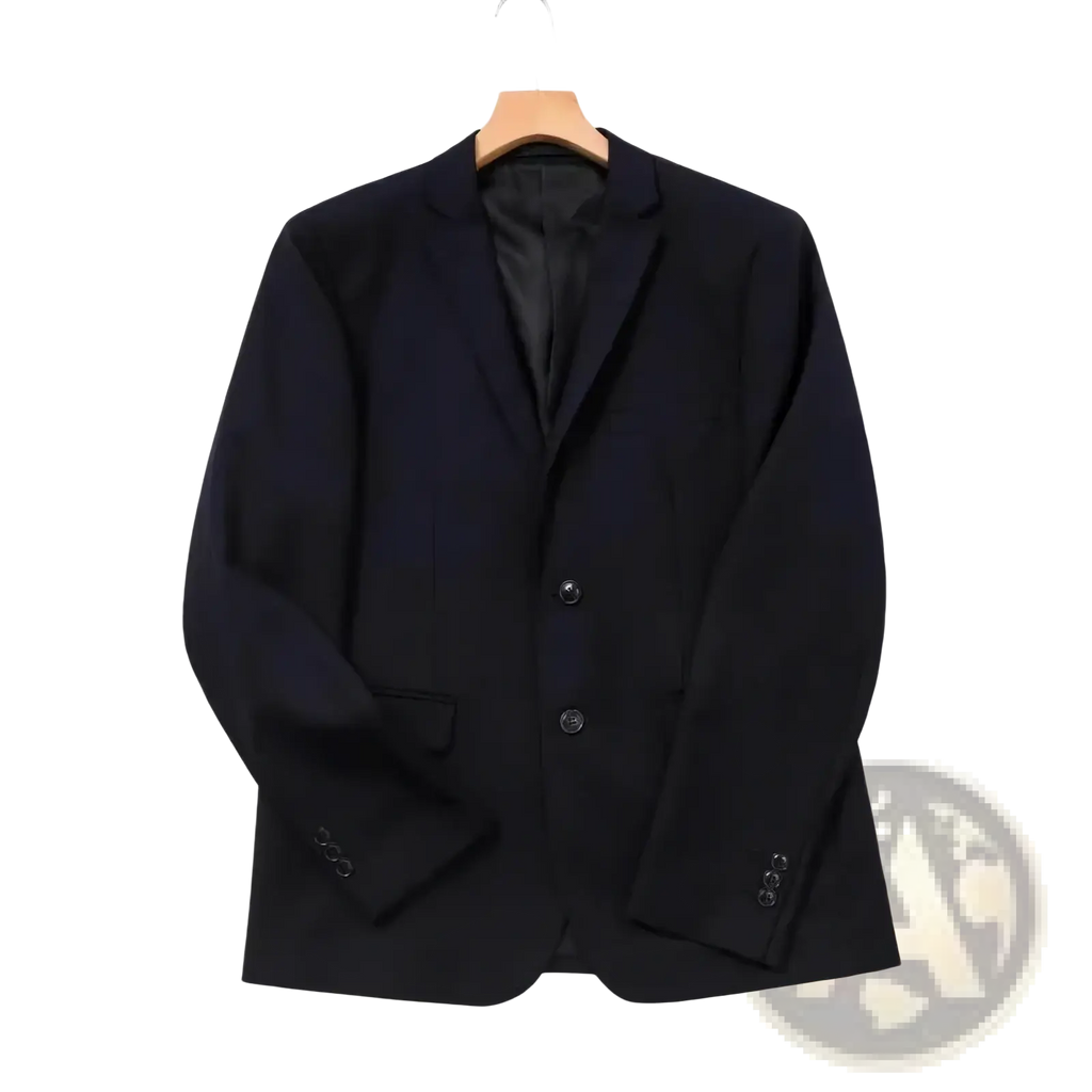 Black slim fit two piece formal suit blazer with sleek tailored fit and two front buttons