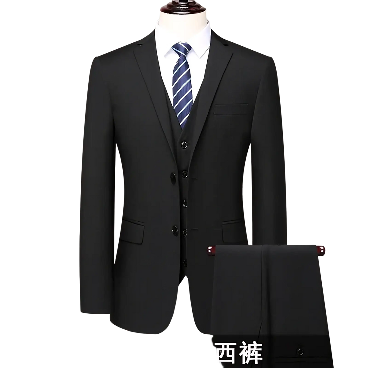 Black slim fit two piece formal suit featuring a black two-button suit jacket with no lapels on a mannequin