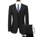 Black slim fit two piece formal suit featuring a black two-button suit jacket with no lapels on a mannequin