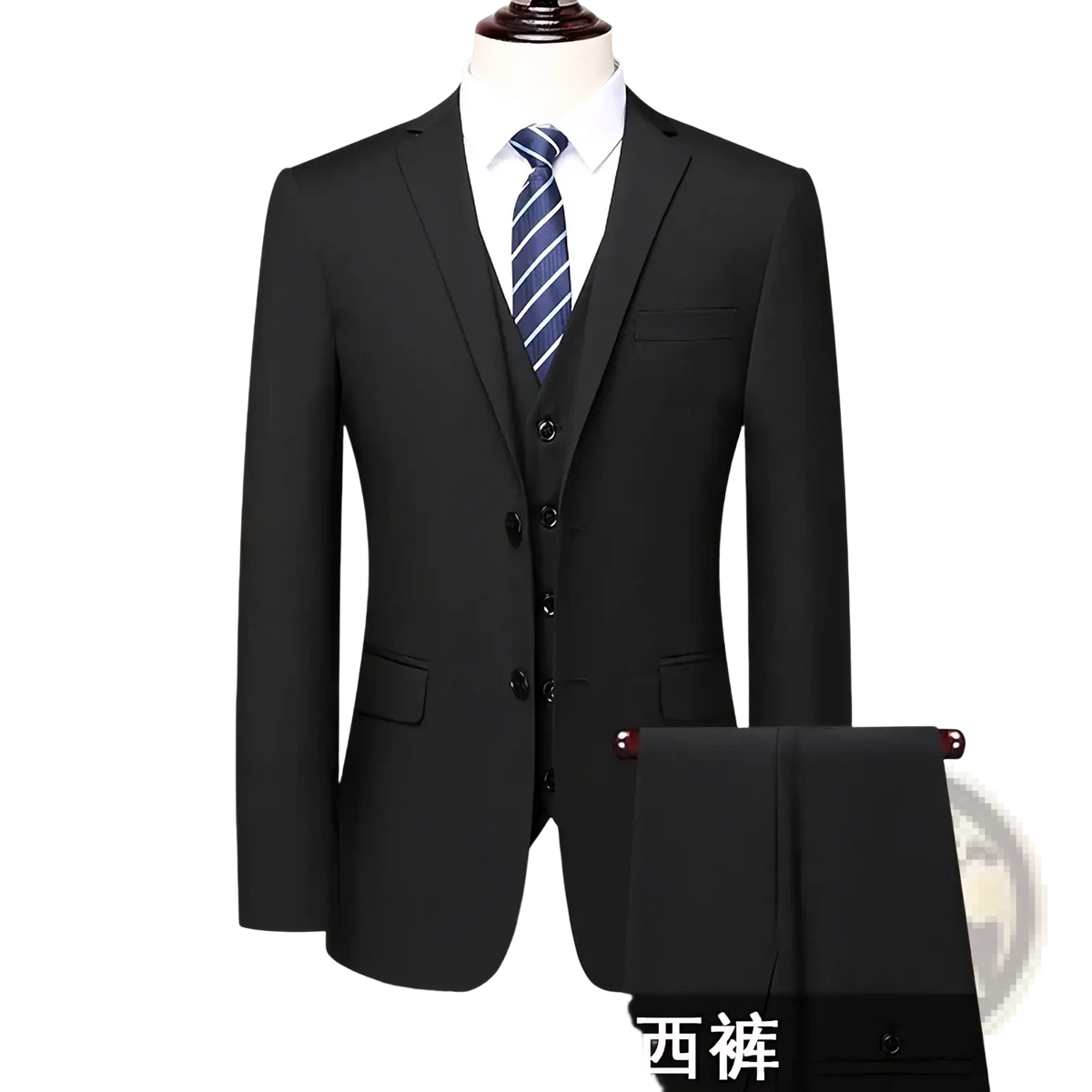 Black slim fit two piece formal suit featuring a black two-button suit jacket with no lapels on a mannequin