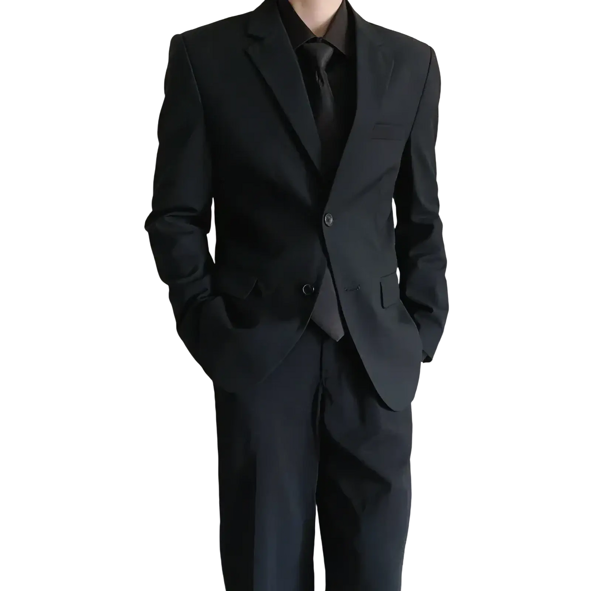Black slim fit two piece formal suit featuring a tailored suit jacket with a sleek modern cut and matching trousers