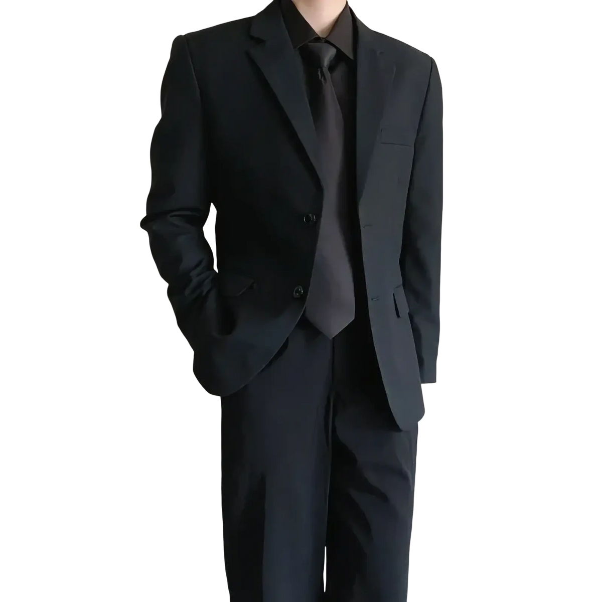 Black slim fit two piece formal suit with matching vest and tie crafted from smooth formal fabric