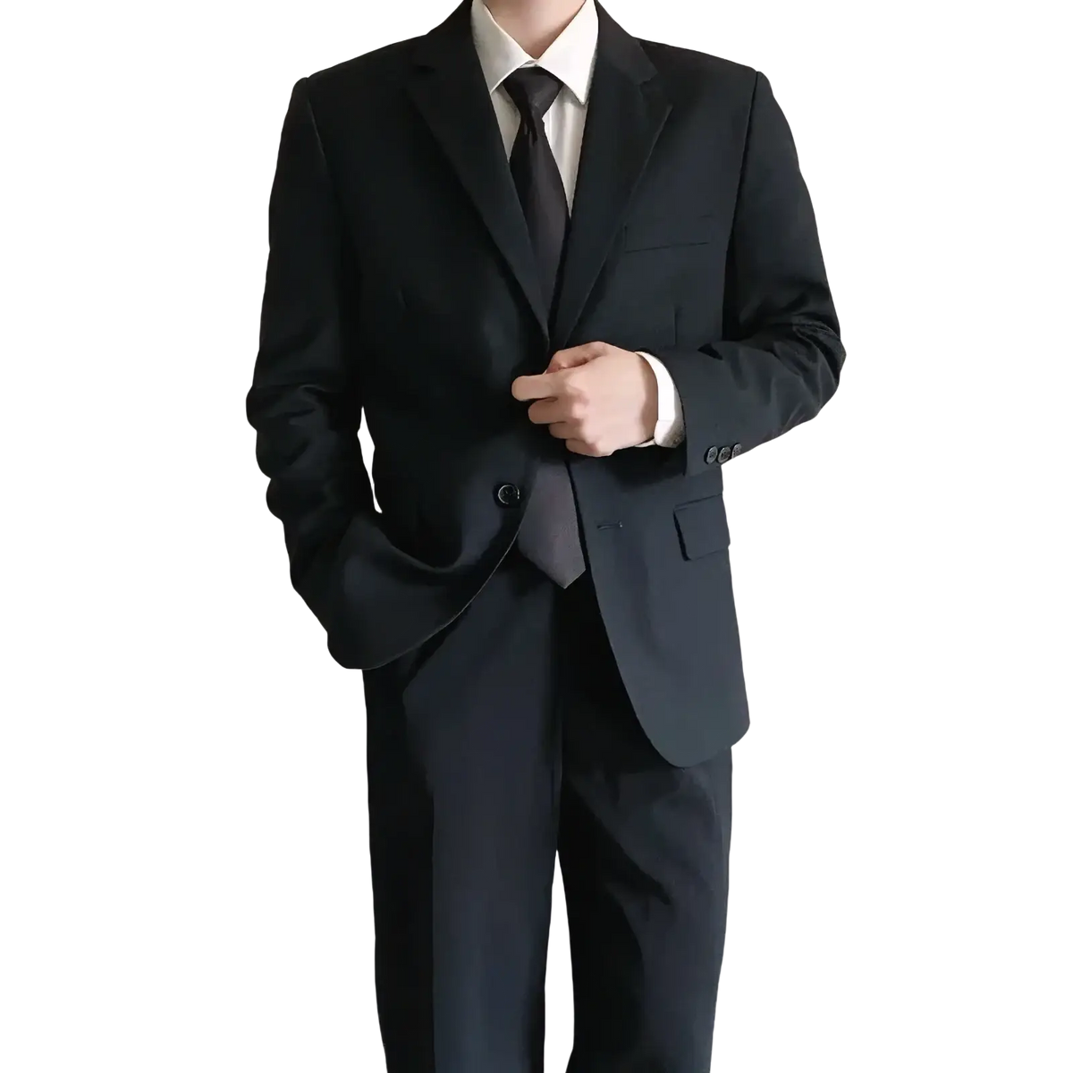 Black slim fit two piece formal suit with sleek modern cut and subtle sheen tailored for a polished look