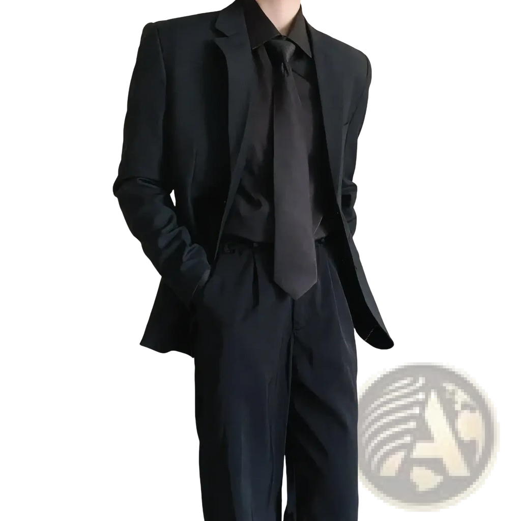 Black slim fit two piece formal suit with matching shirt and tie made of smooth sleek fabric for elegant occasions