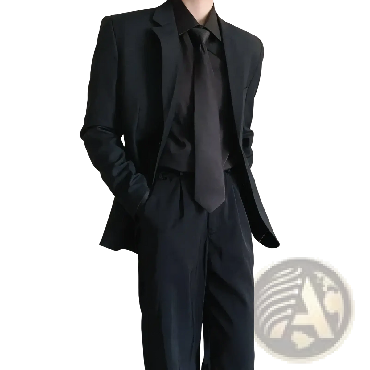 Black slim fit two piece formal suit with matching shirt and tie made of smooth sleek fabric for elegant occasions