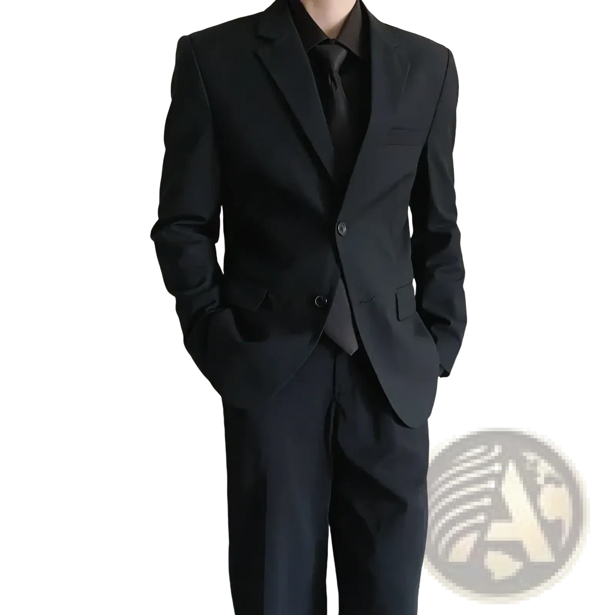 Black slim fit two piece formal suit featuring a tailored suit jacket with a sleek modern cut and matching trousers