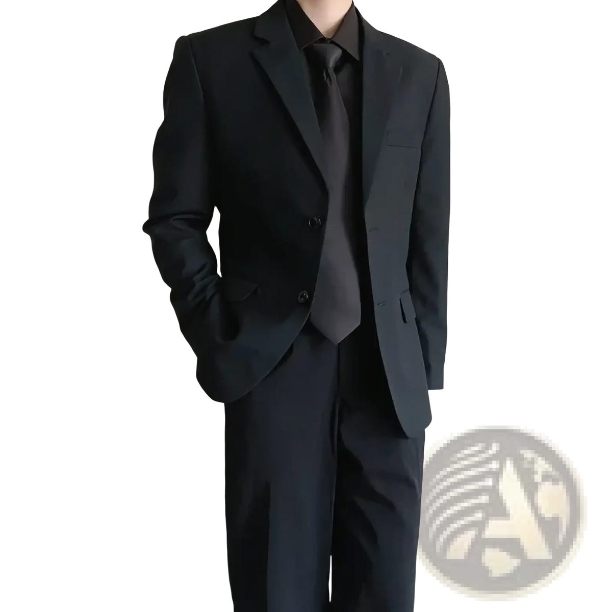 Black slim fit two piece formal suit with matching vest and tie crafted from smooth formal fabric