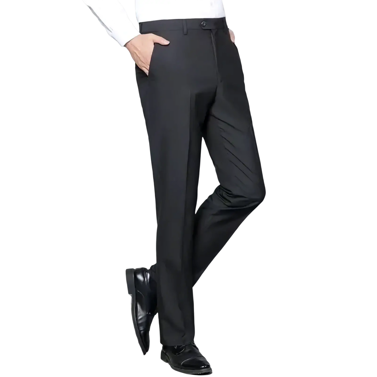 Black slim fit two piece formal suit trousers with sleek tailored fit and subtle creases for elegant occasions