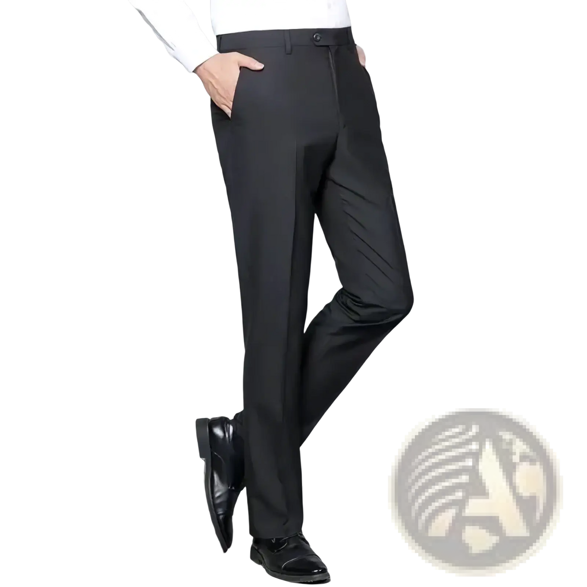 Black slim fit two piece formal suit trousers with sleek tailored fit and subtle creases for elegant occasions