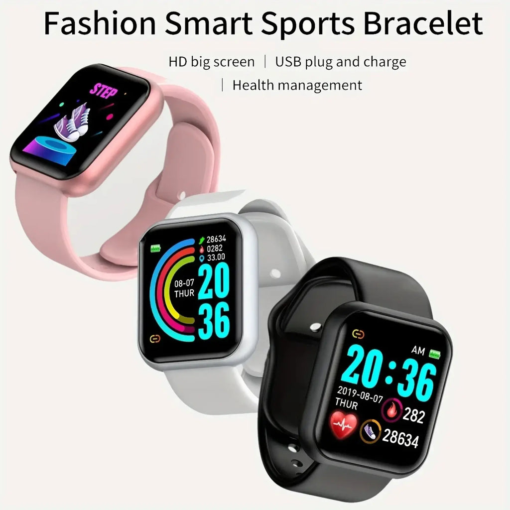 Black smart fitness watch and digital sport bracelet available in pink white and black with hd screen showing steps and time