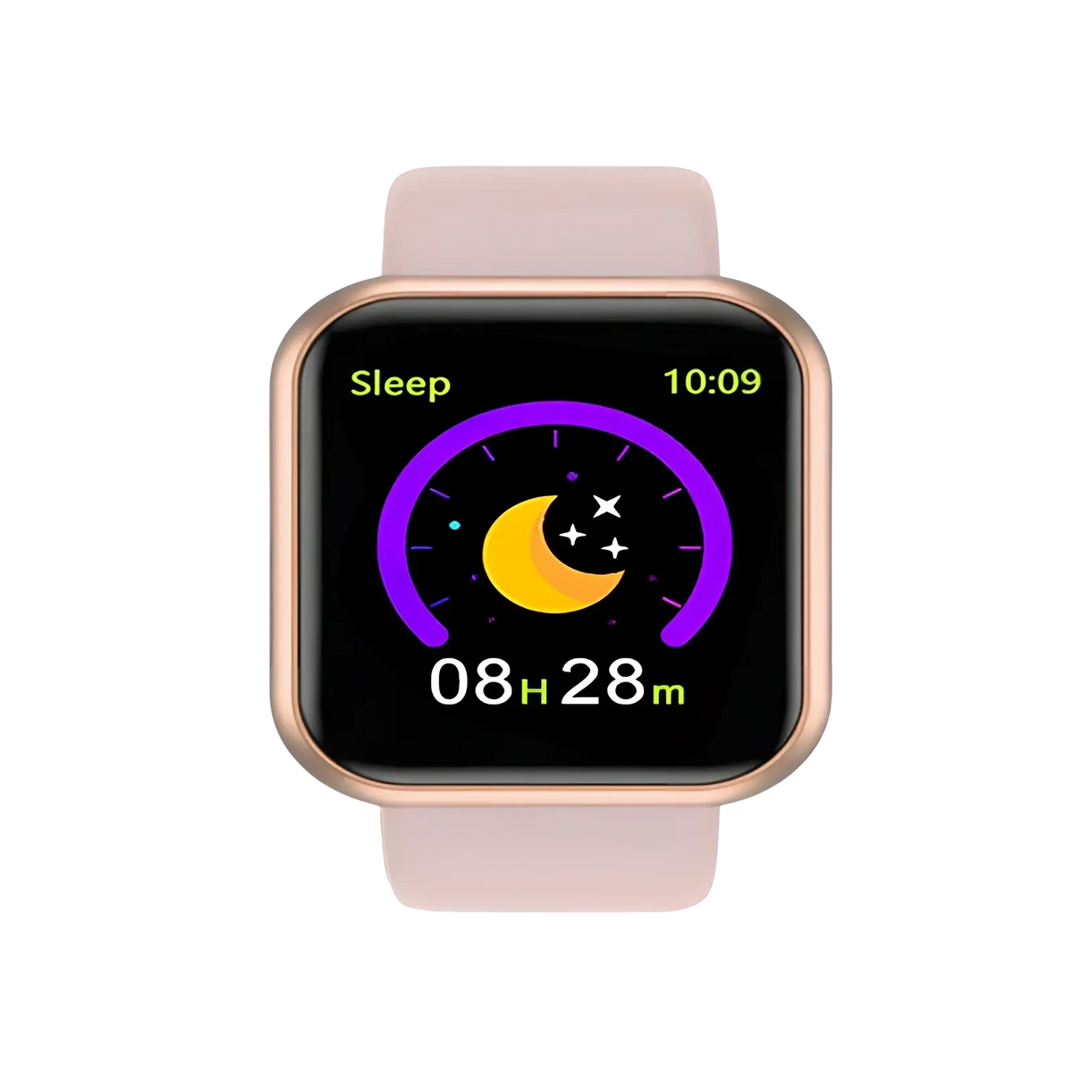 Rose gold black smart fitness watch with soft pink silicone band and square face displaying sleep tracking data