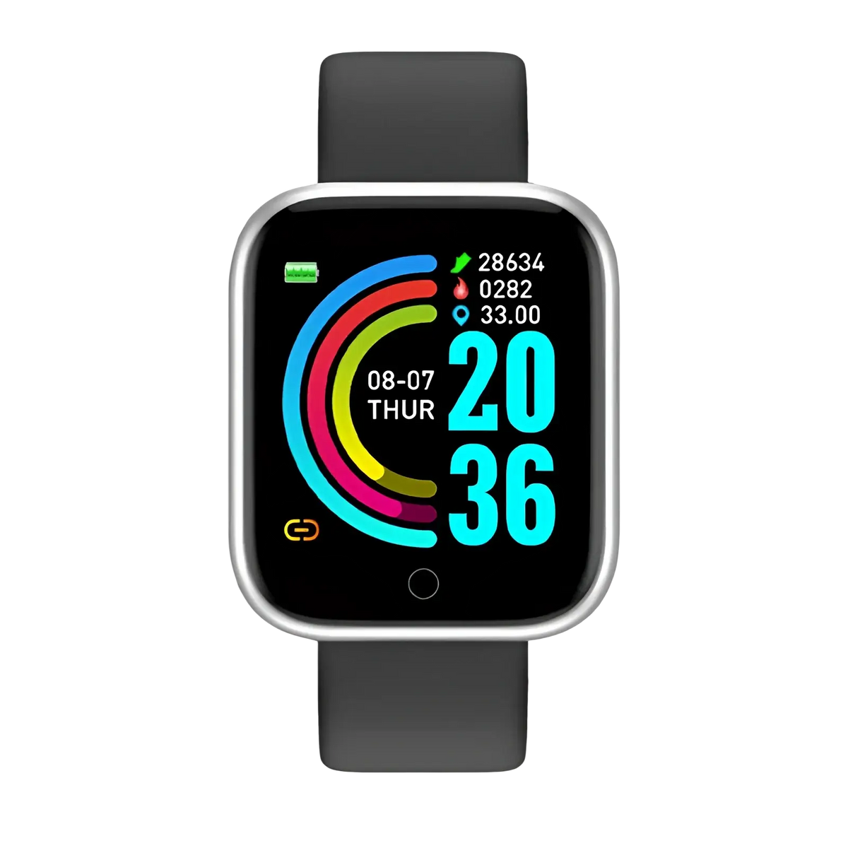 Silver-framed black smart fitness watch with black strap and colorful digital sport bracelet display