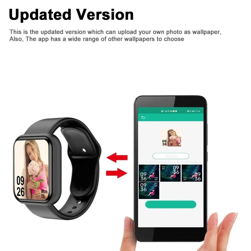 Black smart fitness watch with rectangular screen displaying photo wallpaper time date and adjustable silicone band