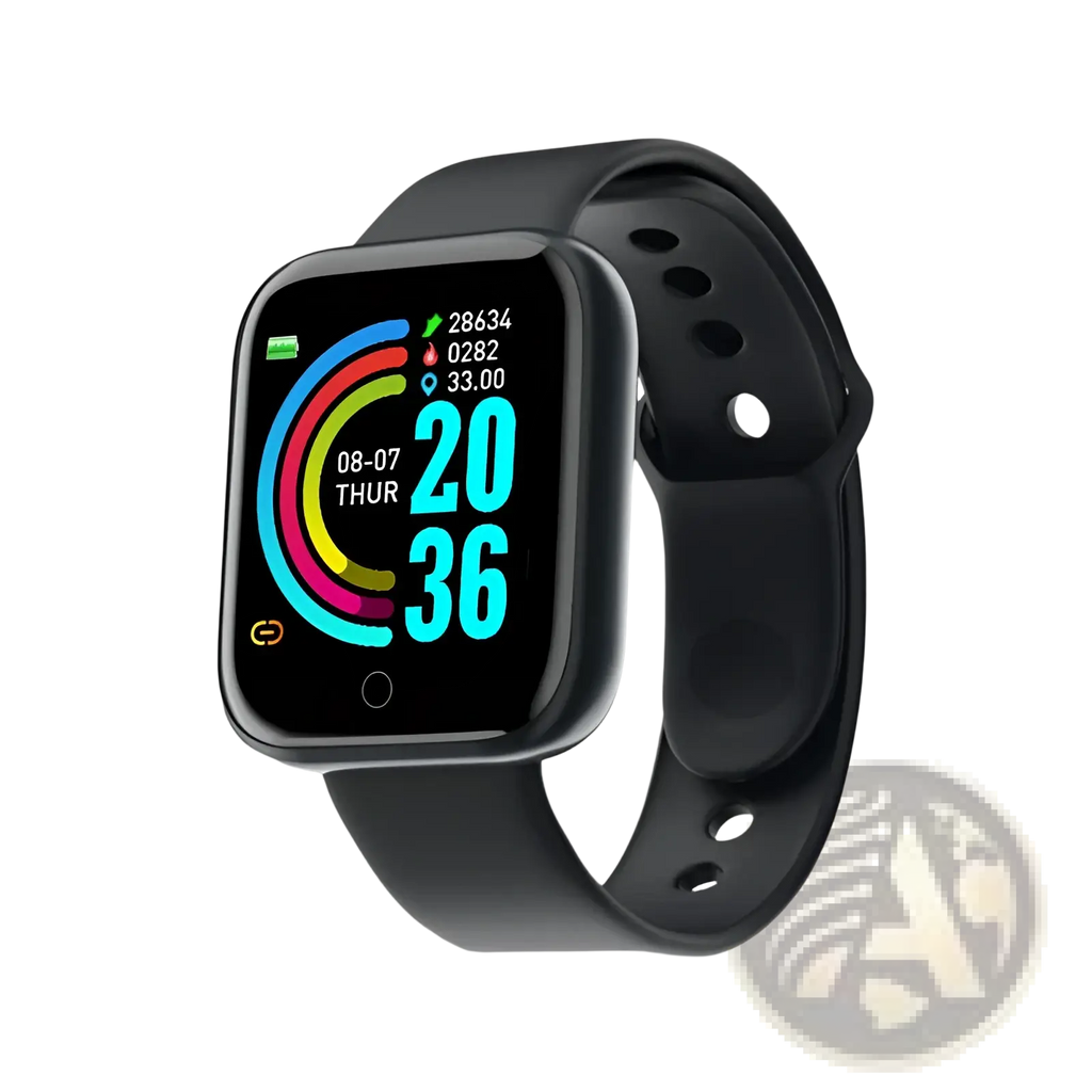 Black smart fitness watch with rectangular screen showing colorful fitness metrics and app icons for digital sport use