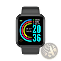 Black smart fitness watch with square face and colorful digital display showing time date steps heart rate and location data