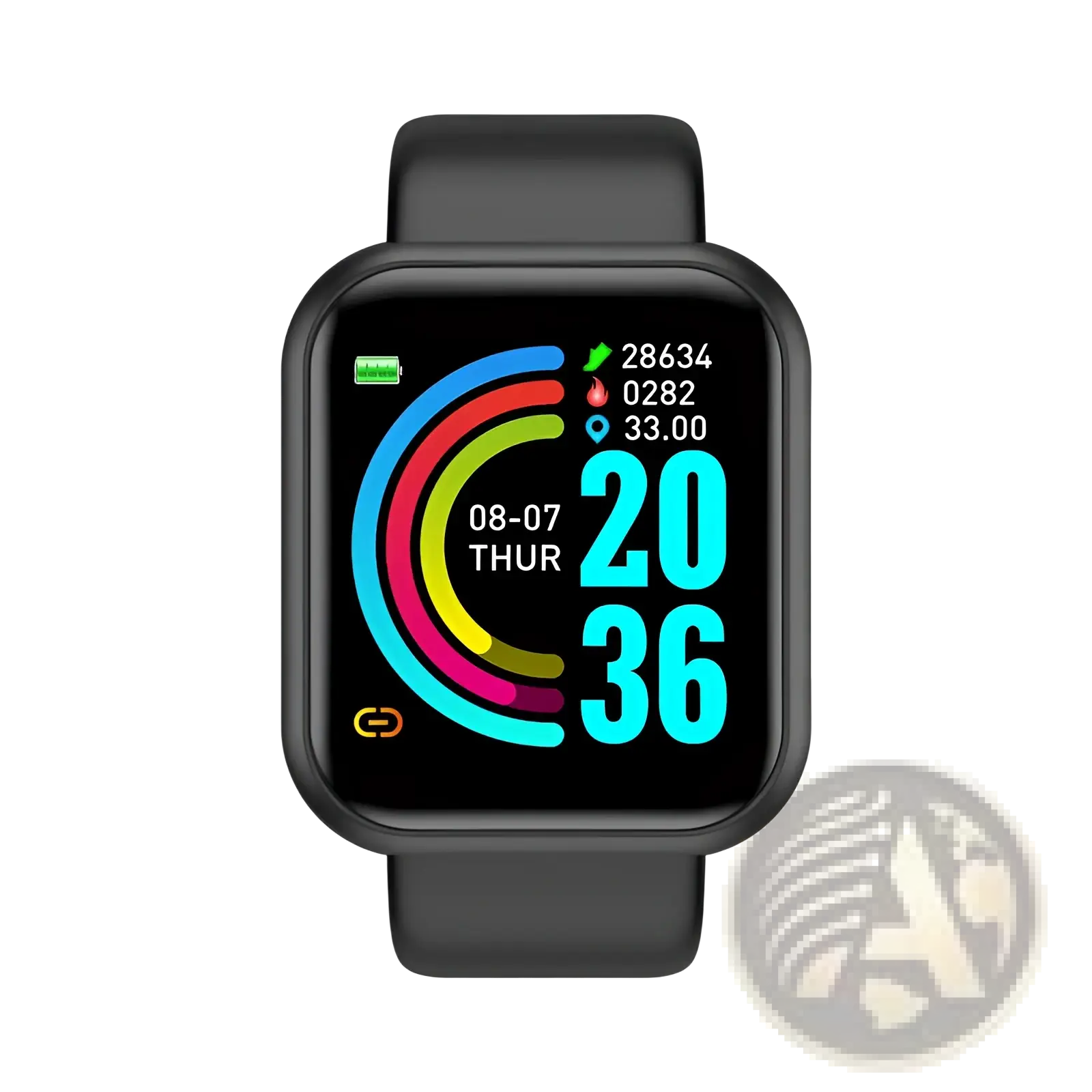 Black smart fitness watch with square face and colorful digital display showing time date steps heart rate and location data