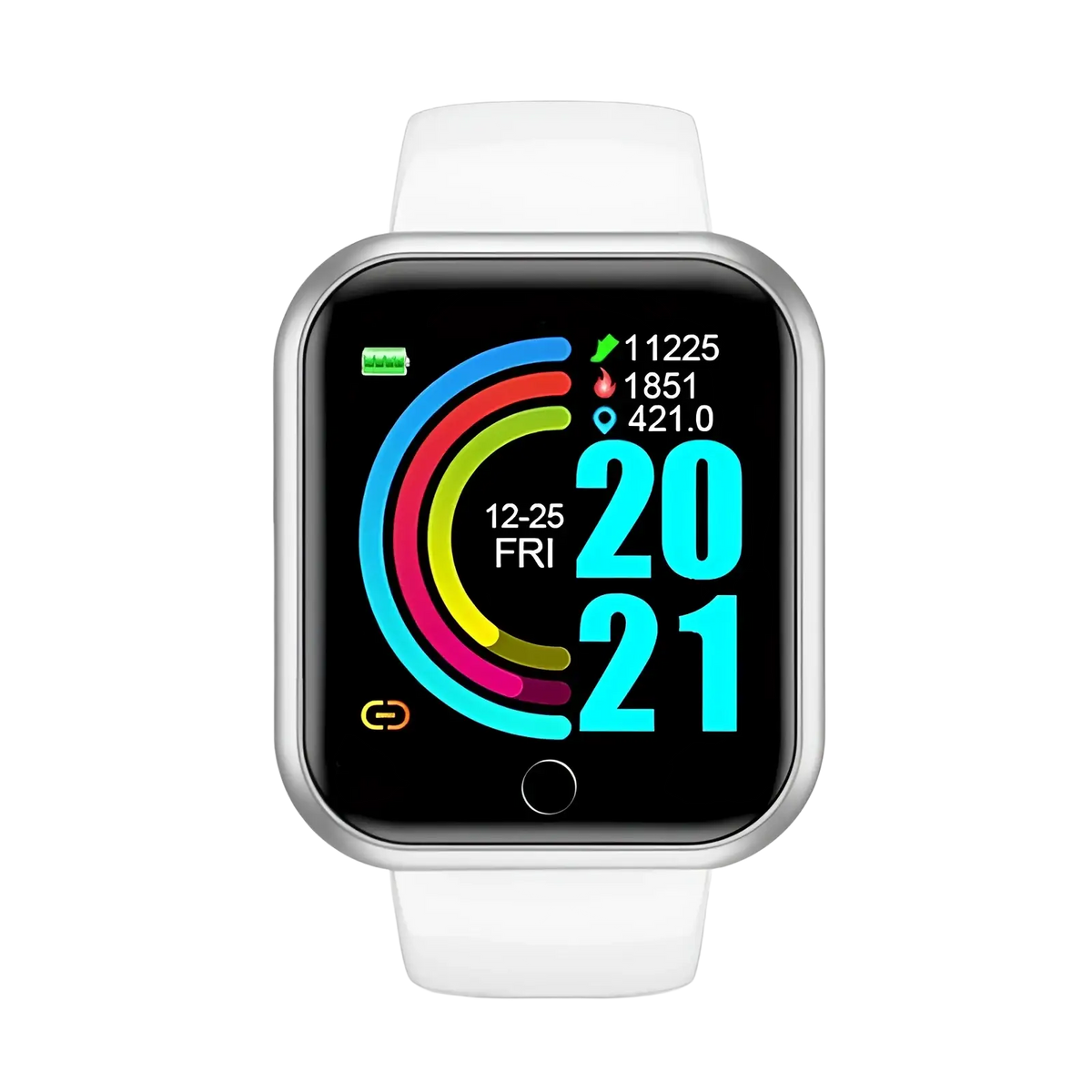 White smartwatch with silver bezel and colorful digital display showing time date steps heart rate and location in black smart fitness watch and digital sport bracelet