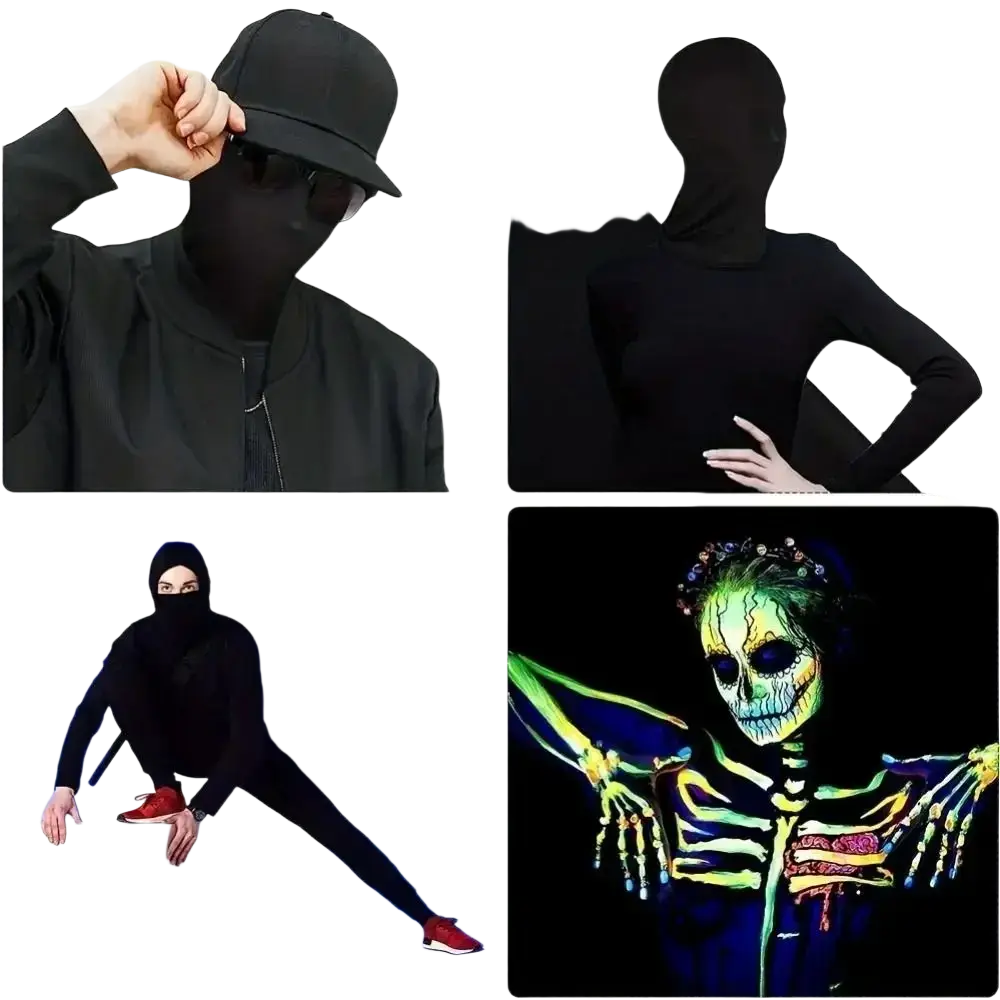 Black spandex full face mask 2 pack showing a black full-body form-fitting outfit with long sleeves and hood from the back