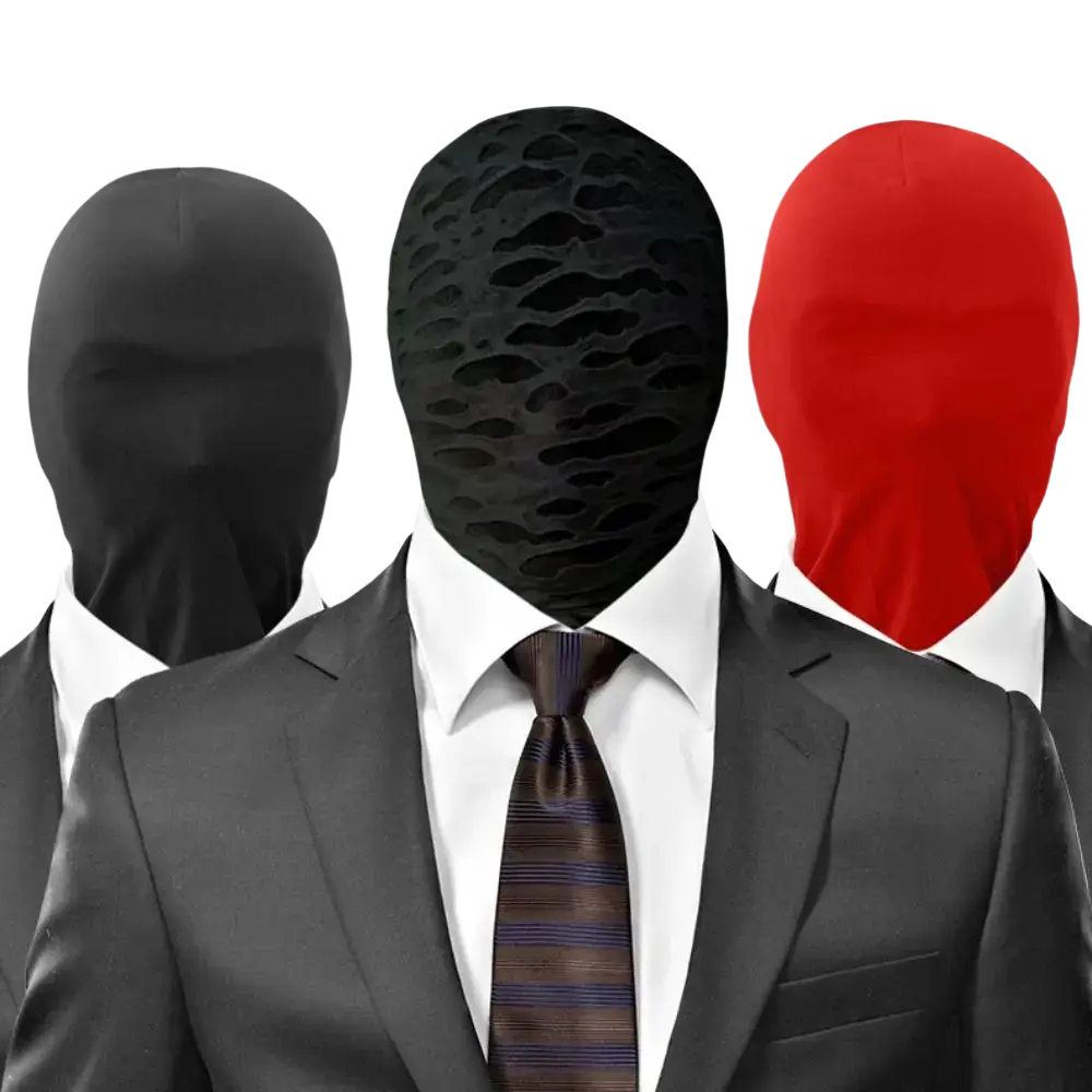 Black spandex full face mask 2 pack featuring black textured balaclava worn over a suit and tie
