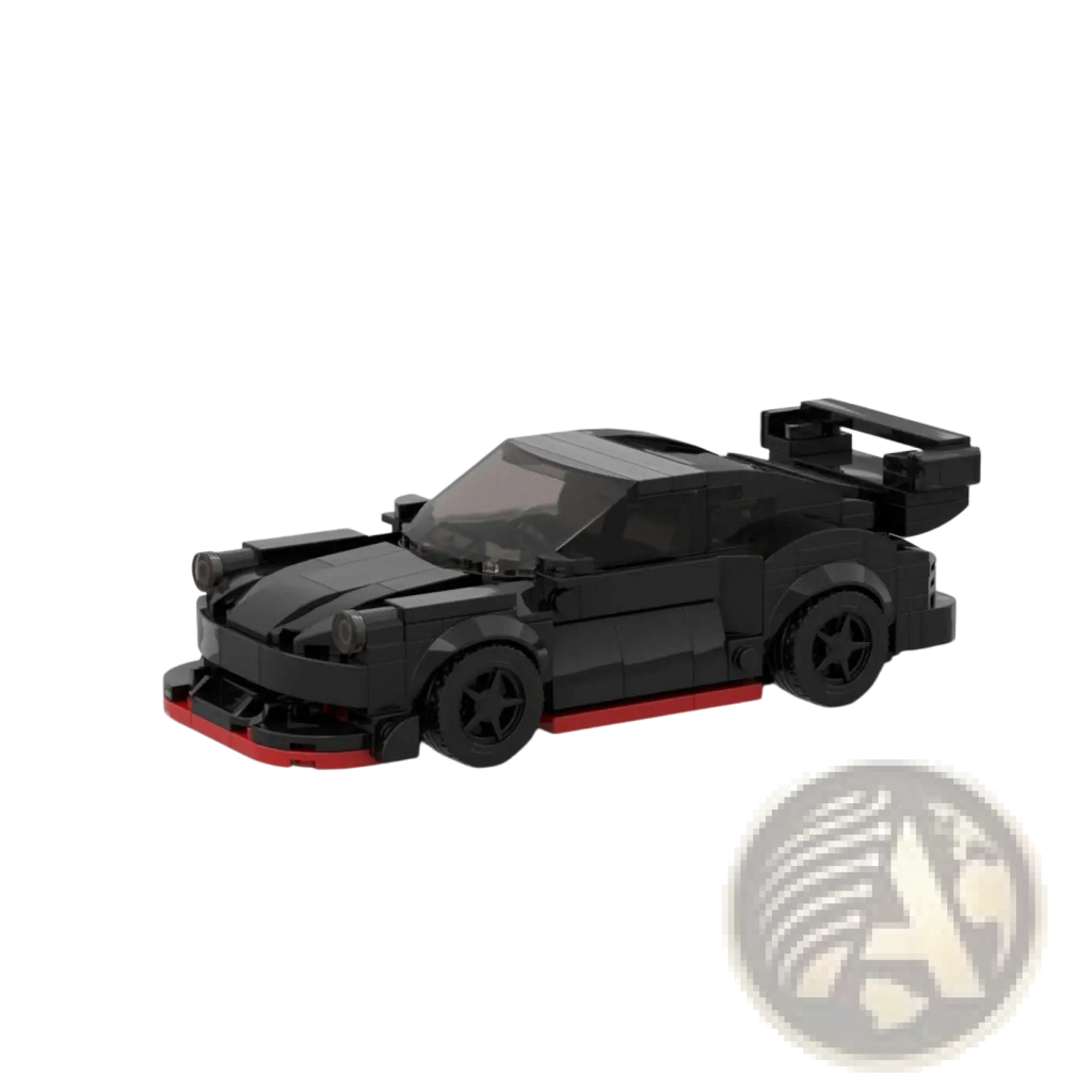 Black and red lego technic sports car building blocks with 321pcs and aerodynamic design featuring rear spoiler