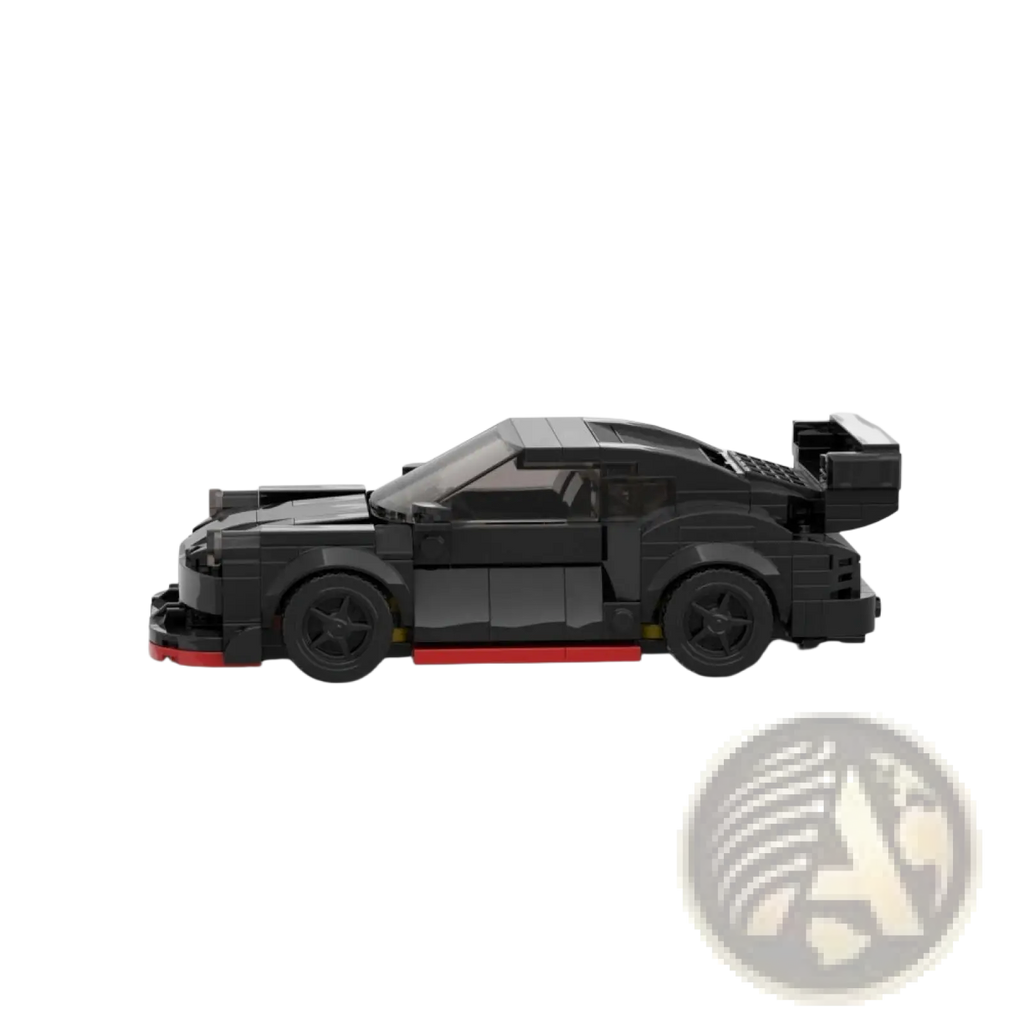 Black sports car building blocks toy showing rear side with red accents and prominent spoiler in 321pcs racing set