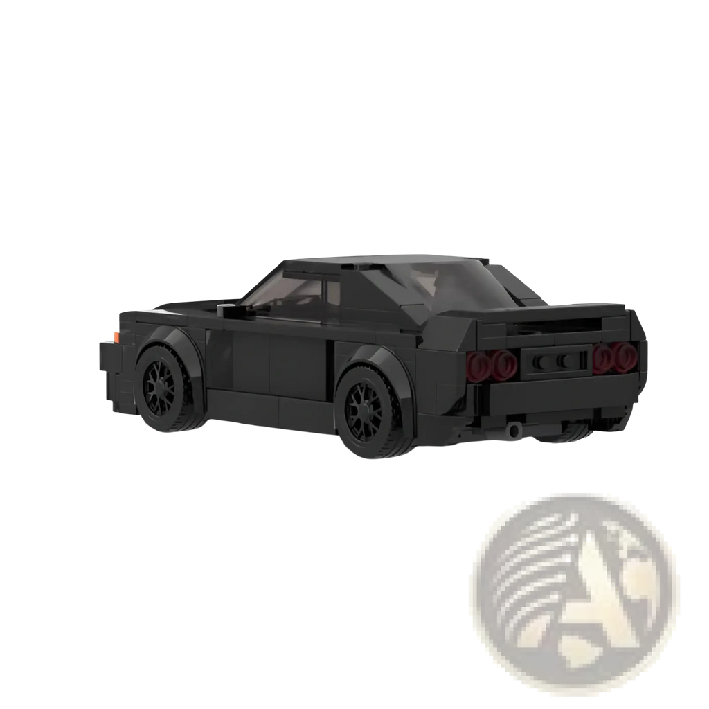 Black sports car building blocks toy showing rear view with red taillights and black wheels made of 279 pieces