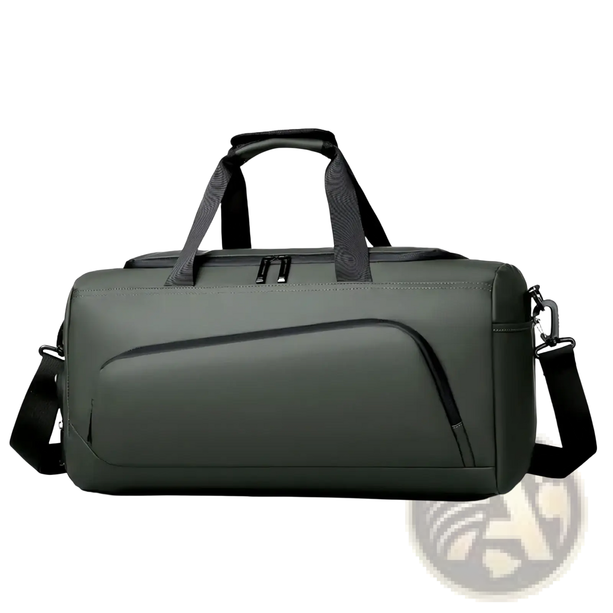 Dark olive green duffel bag with black handles and shoulder strap for sports and gym use with shoe storage