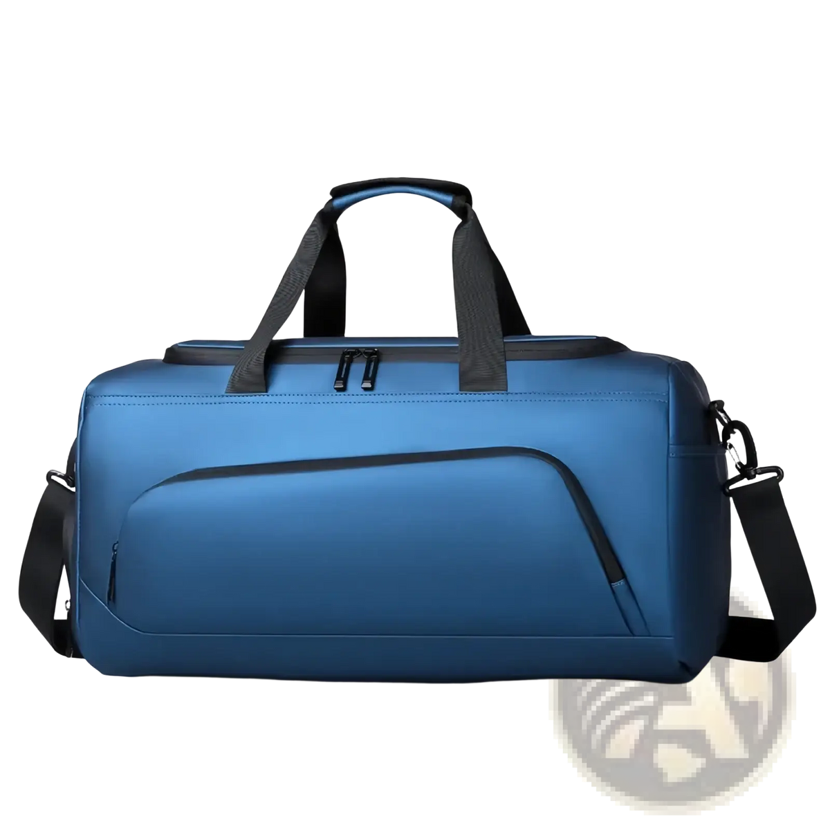 Blue sport duffel bag with black handles and shoulder strap designed as a black sports gym bag with shoe storage