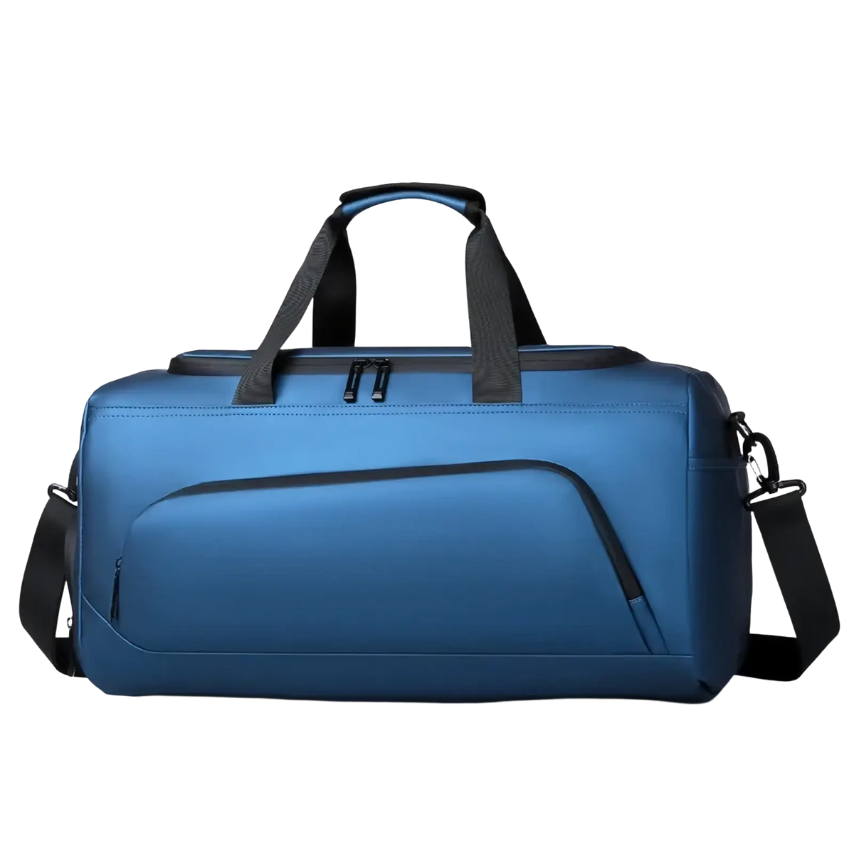 Blue sport duffel bag with black handles and shoulder strap designed as a black sports gym bag with shoe storage