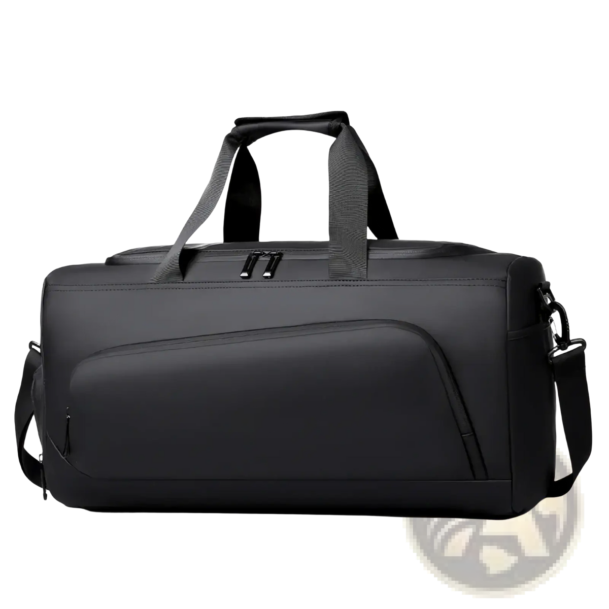 Black sports gym bag made of nylon with shoe storage reinforced handles and detachable shoulder strap
