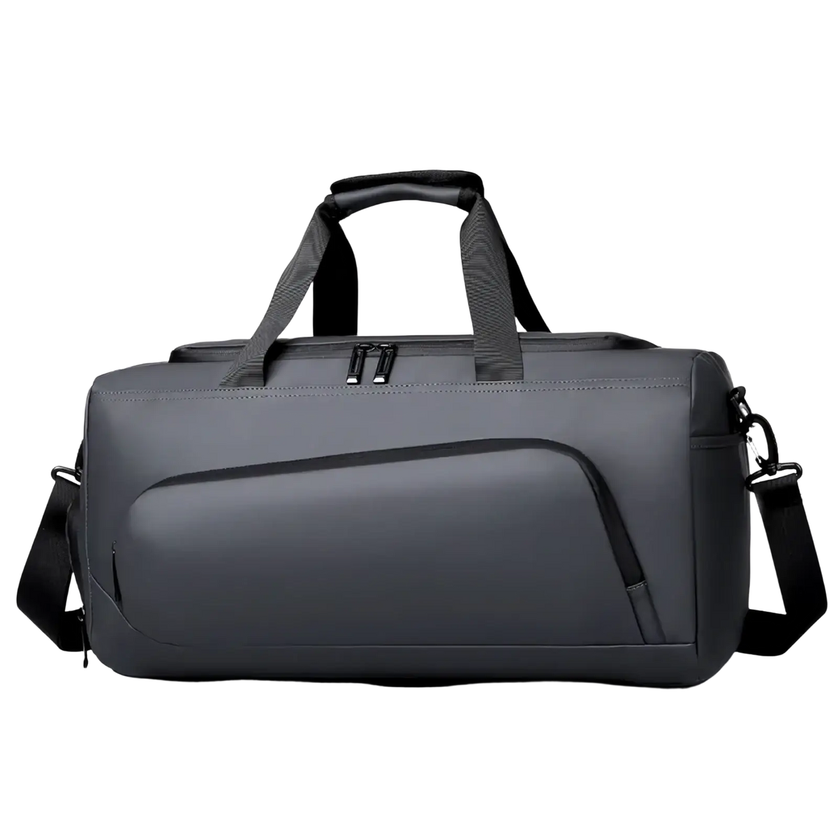 Black sports gym bag in dark gray with durable material, reinforced handles, detachable strap, and shoe storage compartment