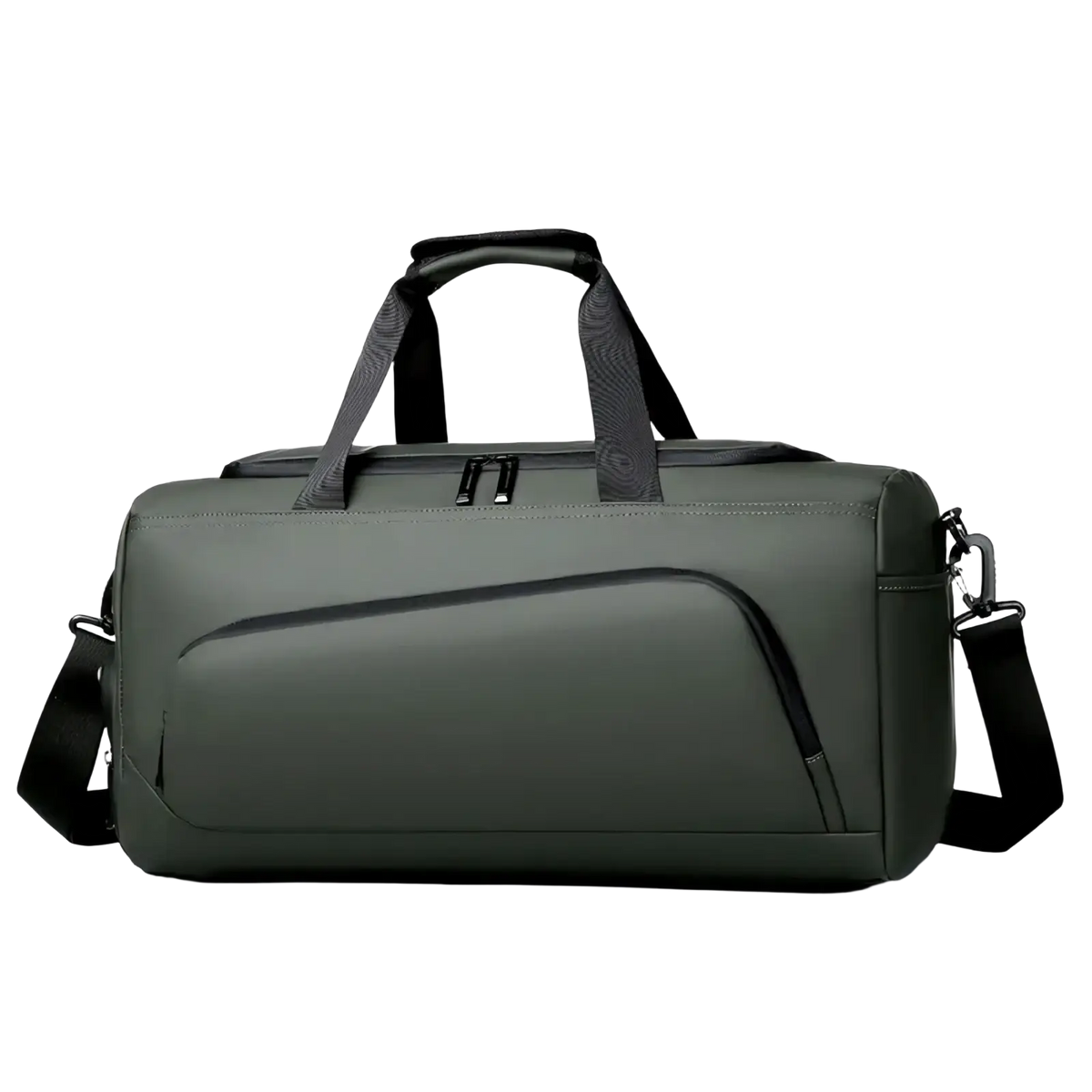 Dark olive green duffel bag with black handles and shoulder strap for sports and gym use with shoe storage