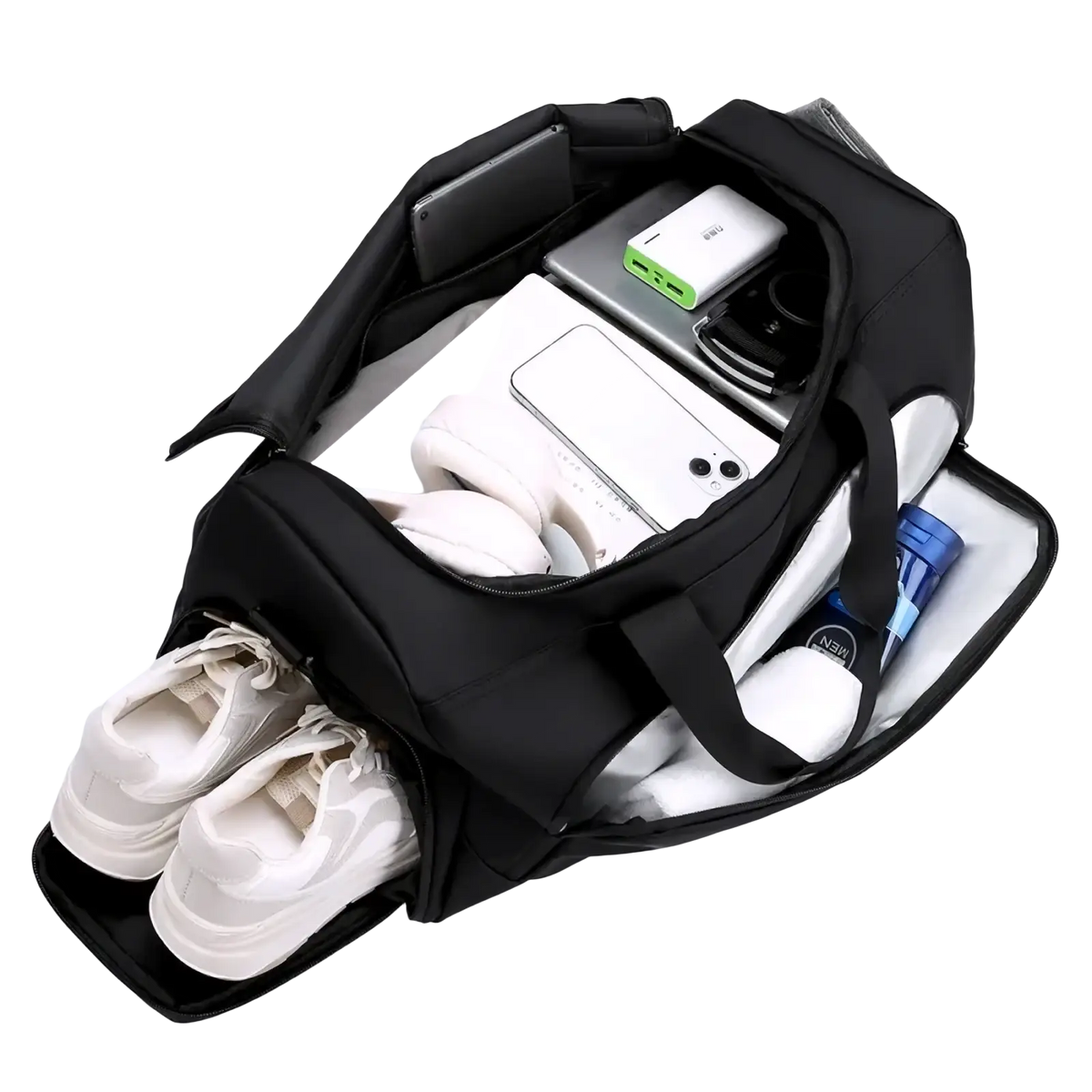 Black sports gym bag made of nylon with multiple compartments padded handles and dedicated shoe storage section