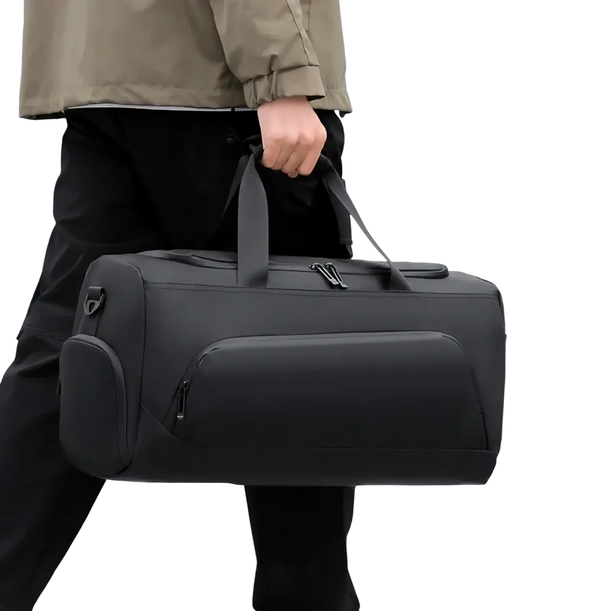 Black sports gym bag made of black nylon with reinforced handles and multiple zippered compartments including shoe storage