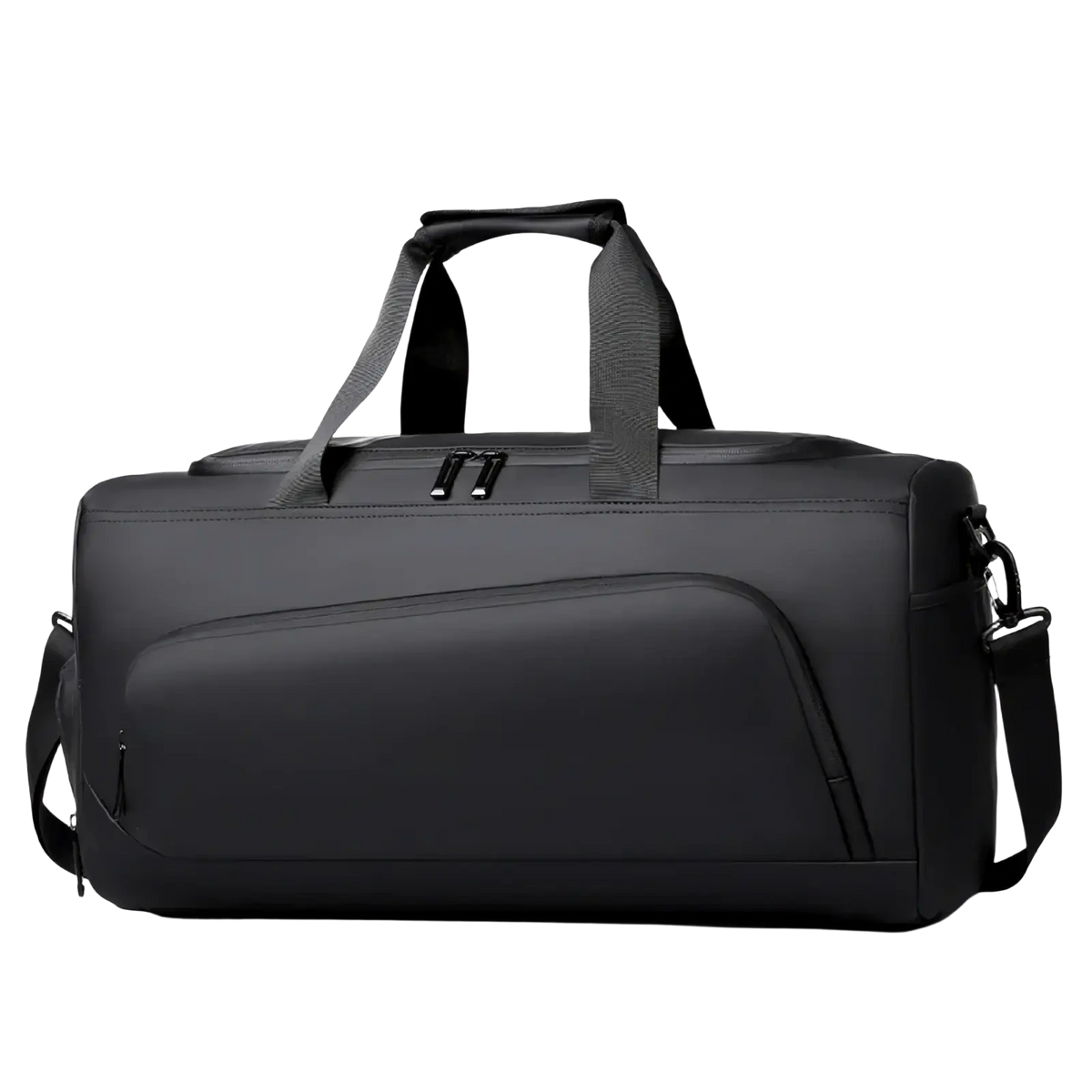 Black sports gym bag made of nylon with shoe storage reinforced handles and detachable shoulder strap
