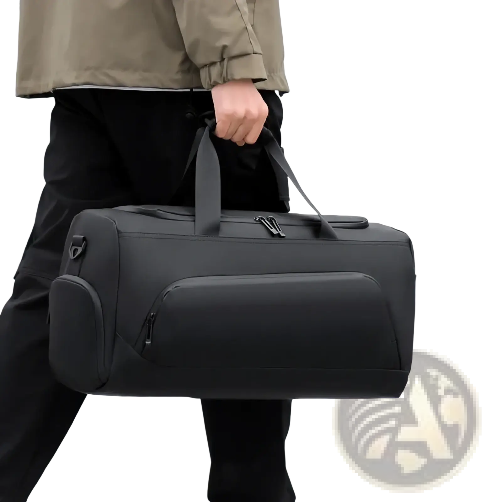Black sports gym bag made of black nylon with reinforced handles and multiple zippered compartments including shoe storage