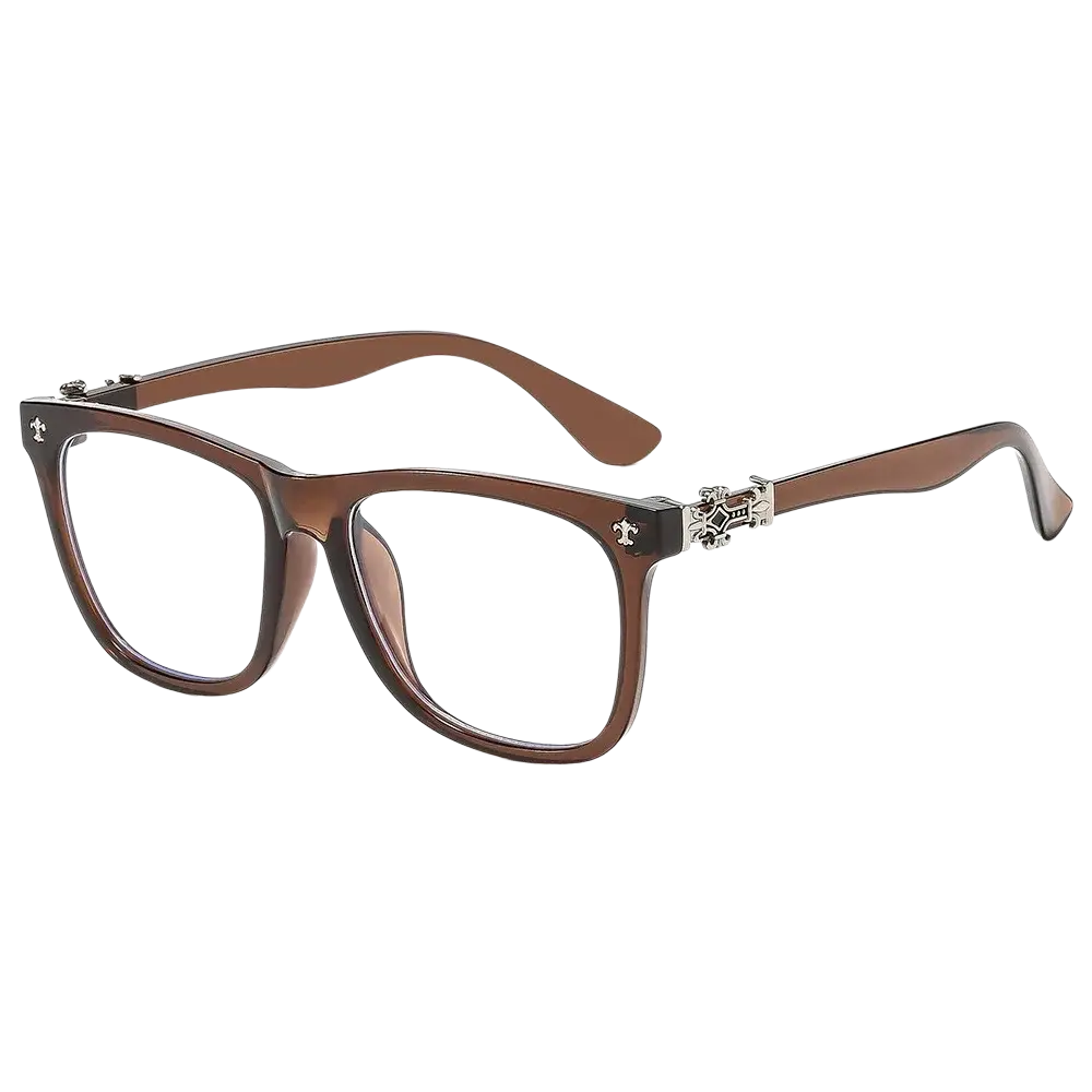Brown rectangular eyeglasses with silver metal accents designed as anti blue light frames for eye protection