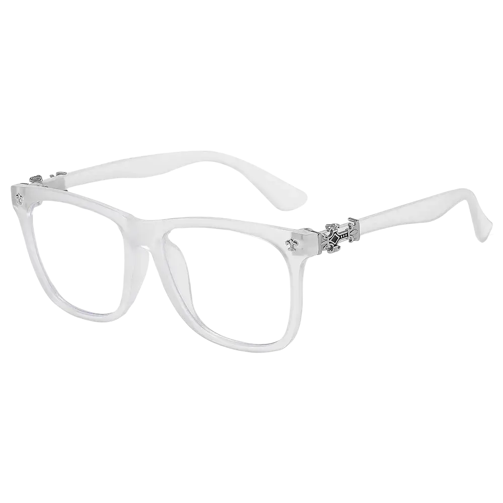 Black square clear rectangular eyeglasses with silver cross embellishments and anti blue light frames