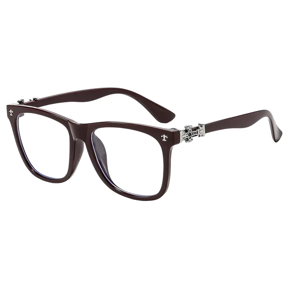 Black square eyeglasses with dark brown rectangular frames and silver-toned decorative crosses on the temples for anti blue light protection